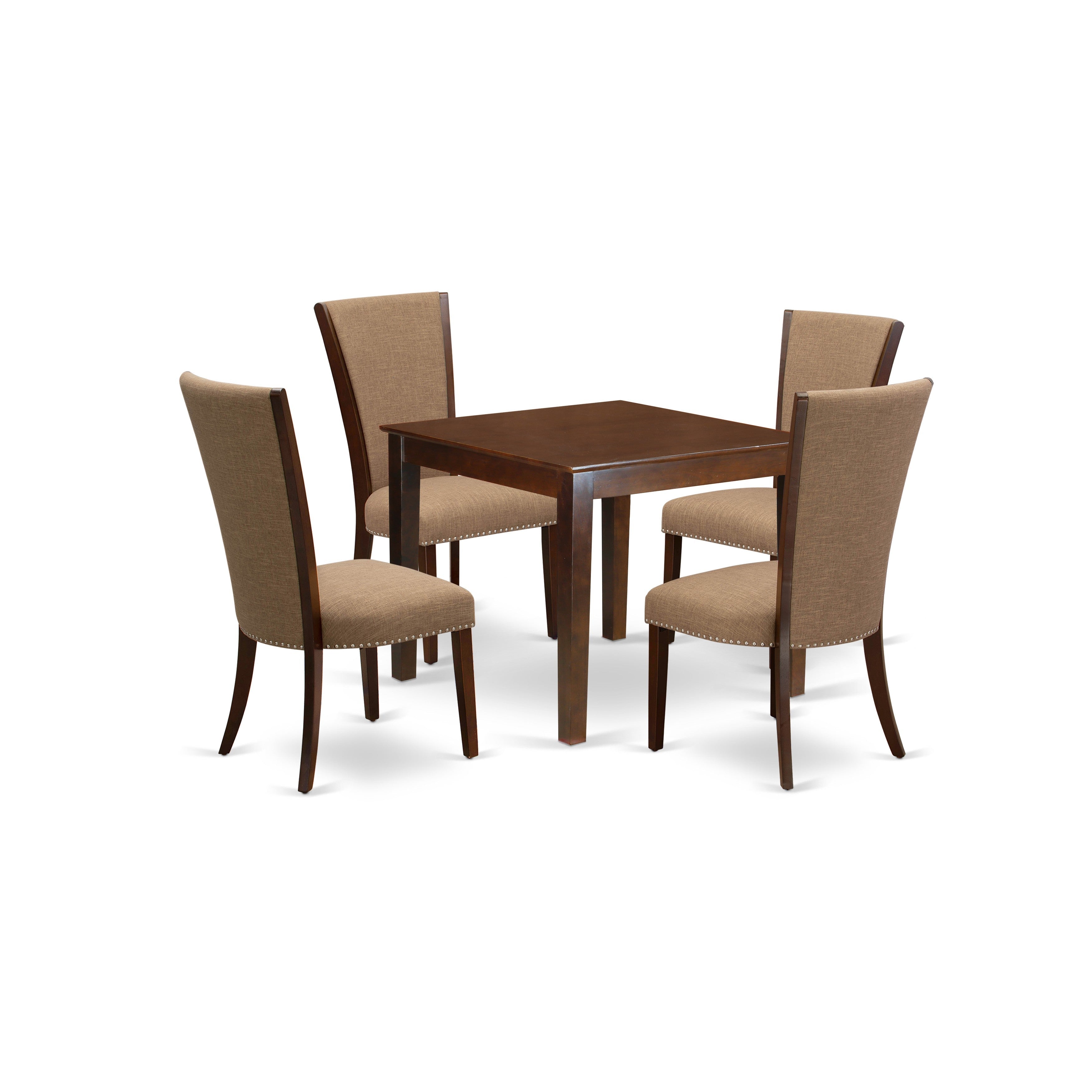 Juego de mesa de cocina de 5 piezas East West Furniture OXVE5-MAH-47 para 4 personas. Incluye una mesa de comedor cuadrada y 4 sillas de comedor Parsons de tela de lino color sable claro.