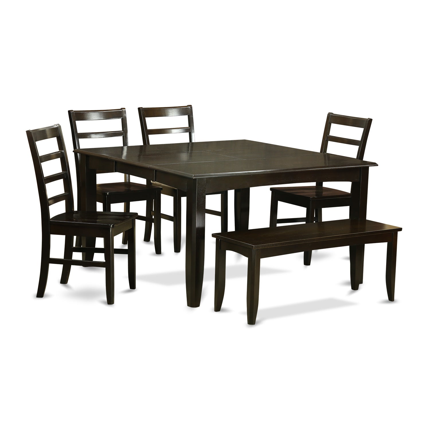 Juego de muebles de comedor de 6 piezas East West Furniture PARF6-CAP-W. Contiene una mesa de cocina cuadrada con hojas de mariposa y 4 sillas de comedor con un banco.
