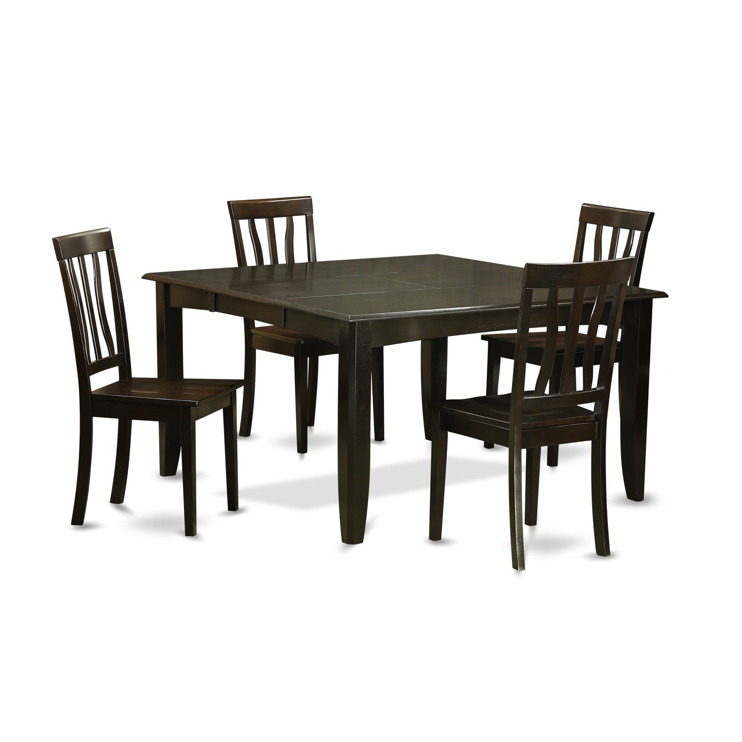El juego de mesa de comedor moderno de 5 piezas PFAN5-CAP-W de East West Furniture incluye una mesa cuadrada de madera con hojas de mariposa y 4 sillas de comedor.