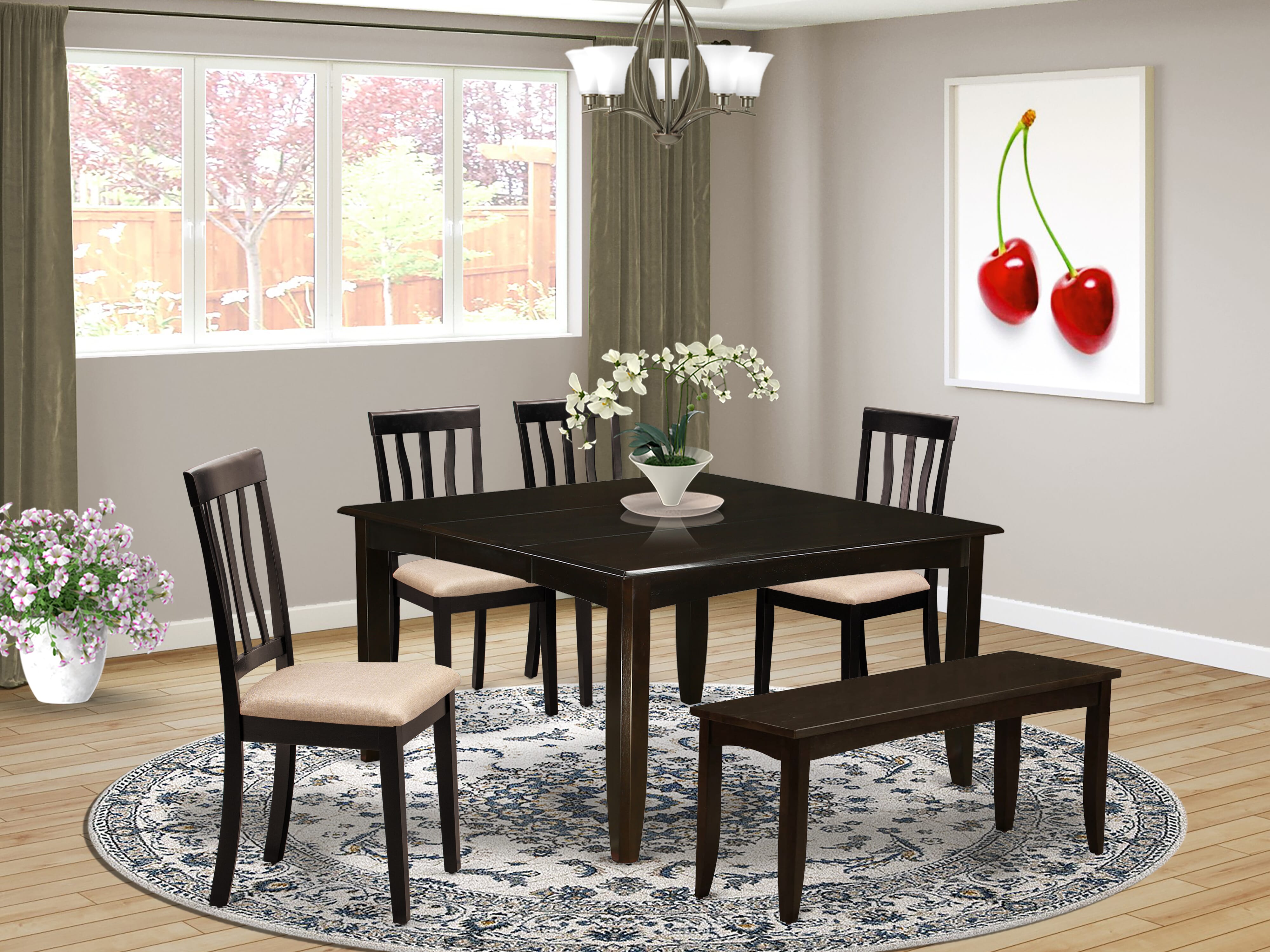 Juego de comedor de 6 piezas PFAN6-CAP-C de East West Furniture. Contiene una mesa de comedor cuadrada con hojas de mariposa y 4 sillas de cocina de tela de lino con un banco.