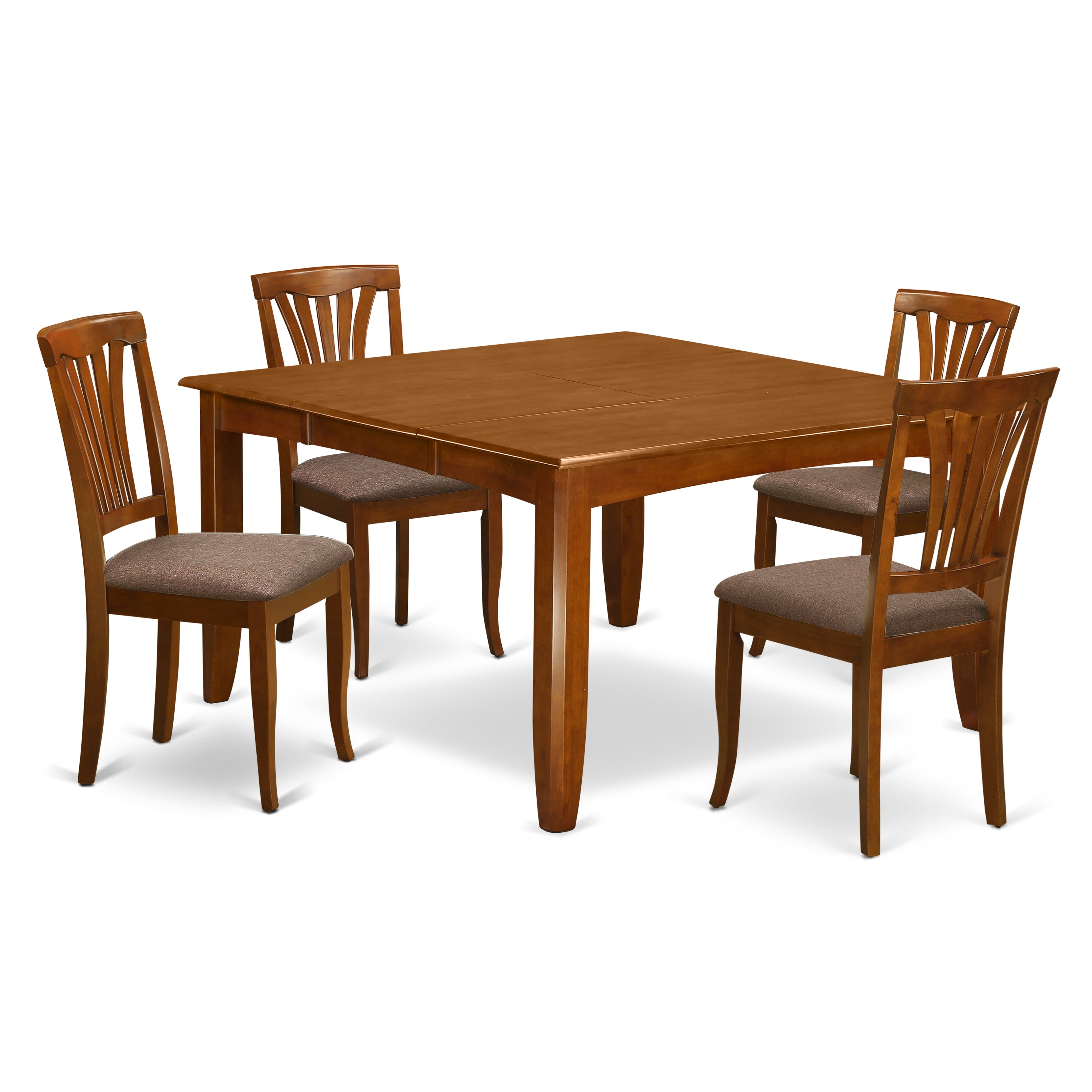 Juego de mesa de comedor East West Furniture PFAV5-SBR-C de 5 piezas para 4 personas. Incluye una mesa de cocina cuadrada con diseño de hojas de mariposa y 4 sillas de comedor de cocina de tela de lino.