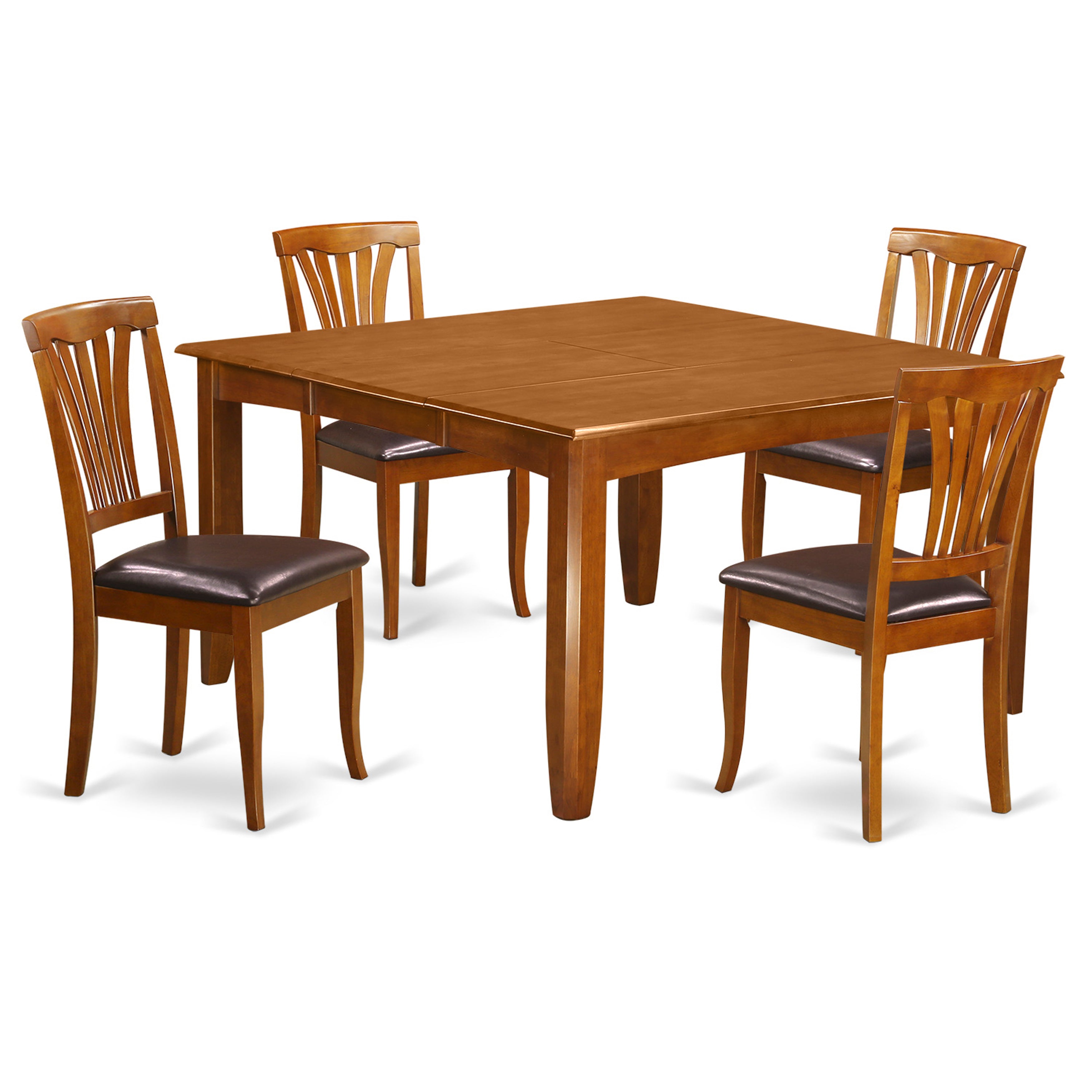 El juego de muebles de comedor de 5 piezas East West Furniture PFAV5-SBR-LC incluye una mesa cuadrada de madera con hojas de mariposa y 4 sillas de comedor de cocina de cuero sintético.