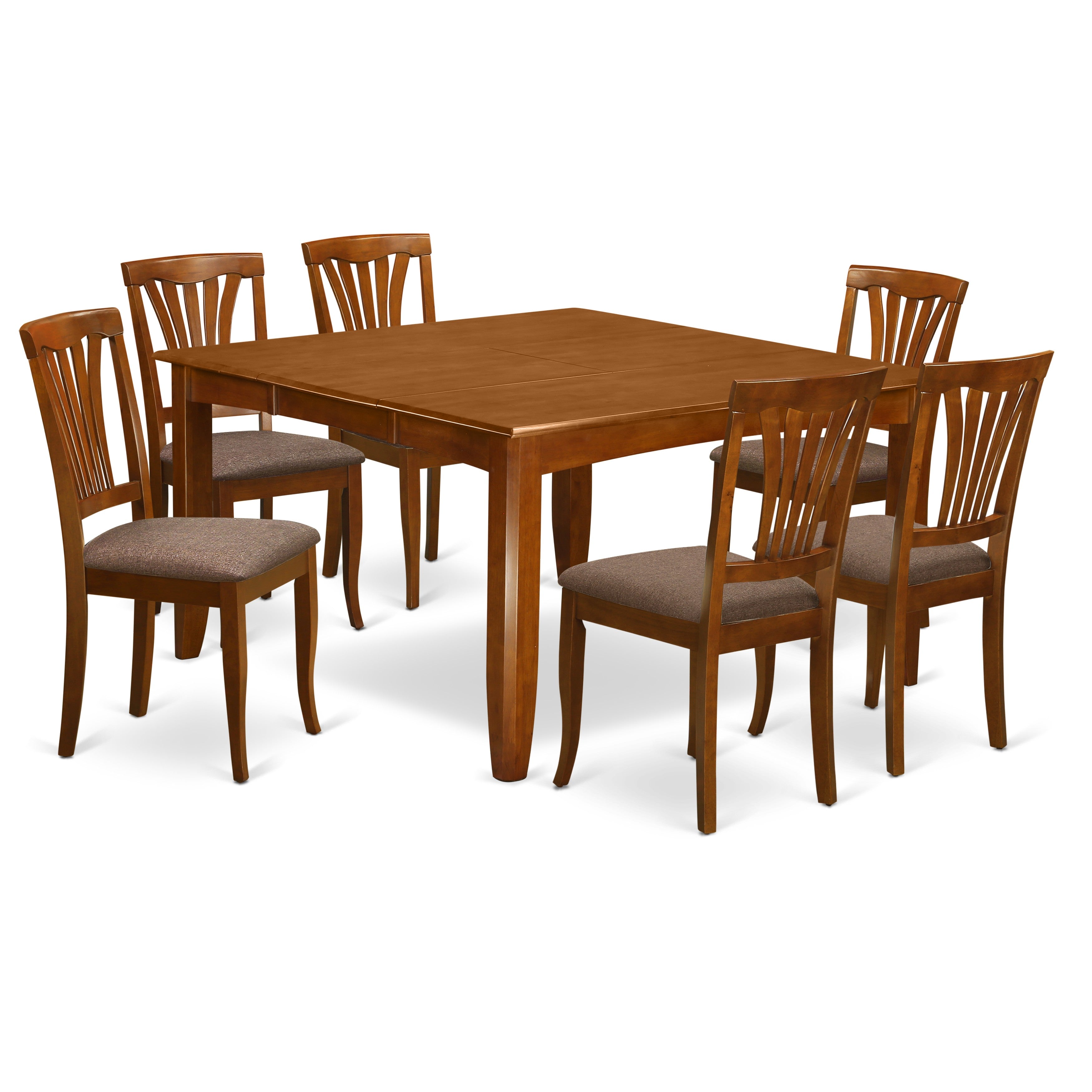 El juego de mesa y sillas de cocina East West Furniture PFAV7-SBR-C de 7 piezas consta de una mesa de comedor cuadrada con diseño de hojas de mariposa y 6 sillas de comedor de tela de lino.