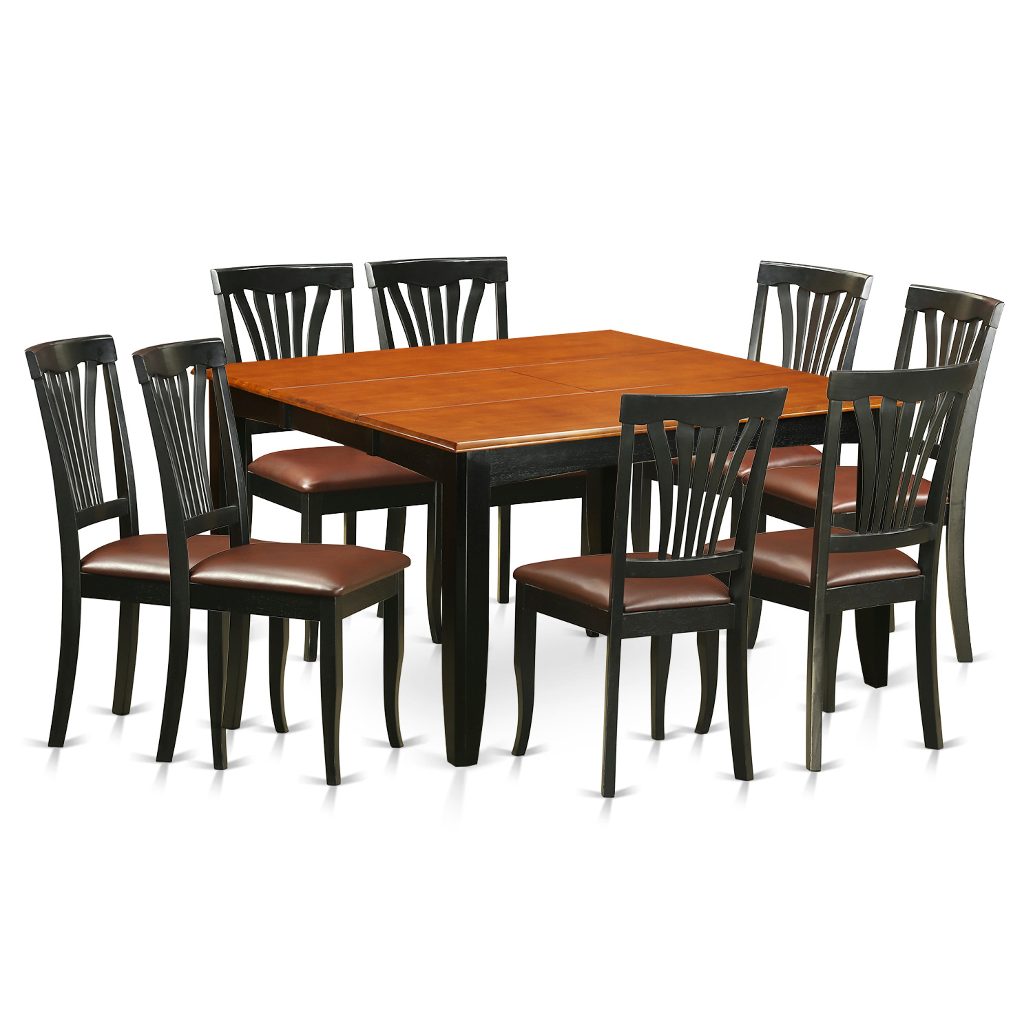 El juego de mesa de comedor East West Furniture PFAV9-BCH-LC de 9 piezas incluye una mesa de comedor cuadrada con diseño de hojas de mariposa y 8 sillas de comedor de cuero sintético.