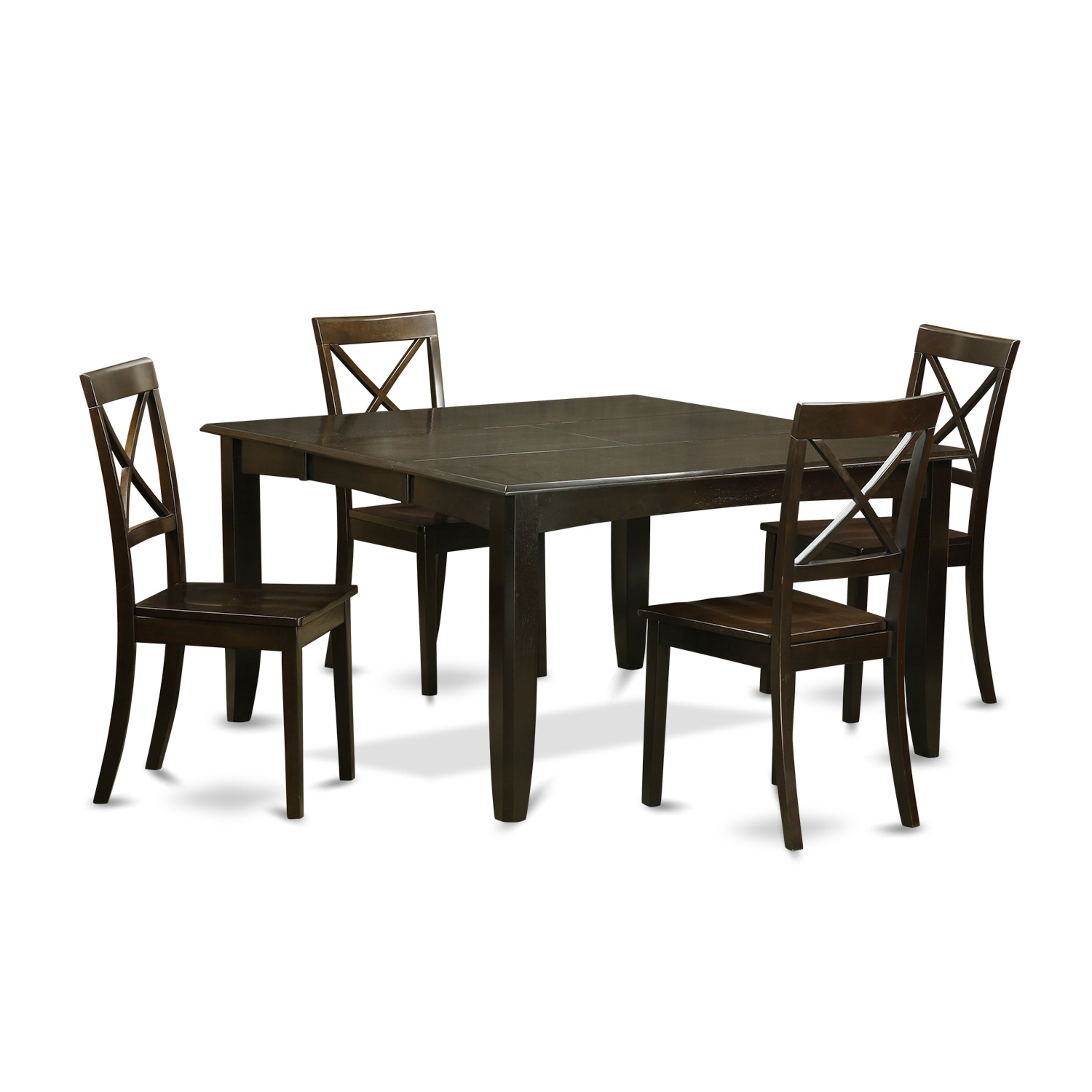 El juego de comedor de 5 piezas East West Furniture PFBO5-CAP-W incluye una mesa de cocina cuadrada con hojas de mariposa y 4 sillas de comedor.