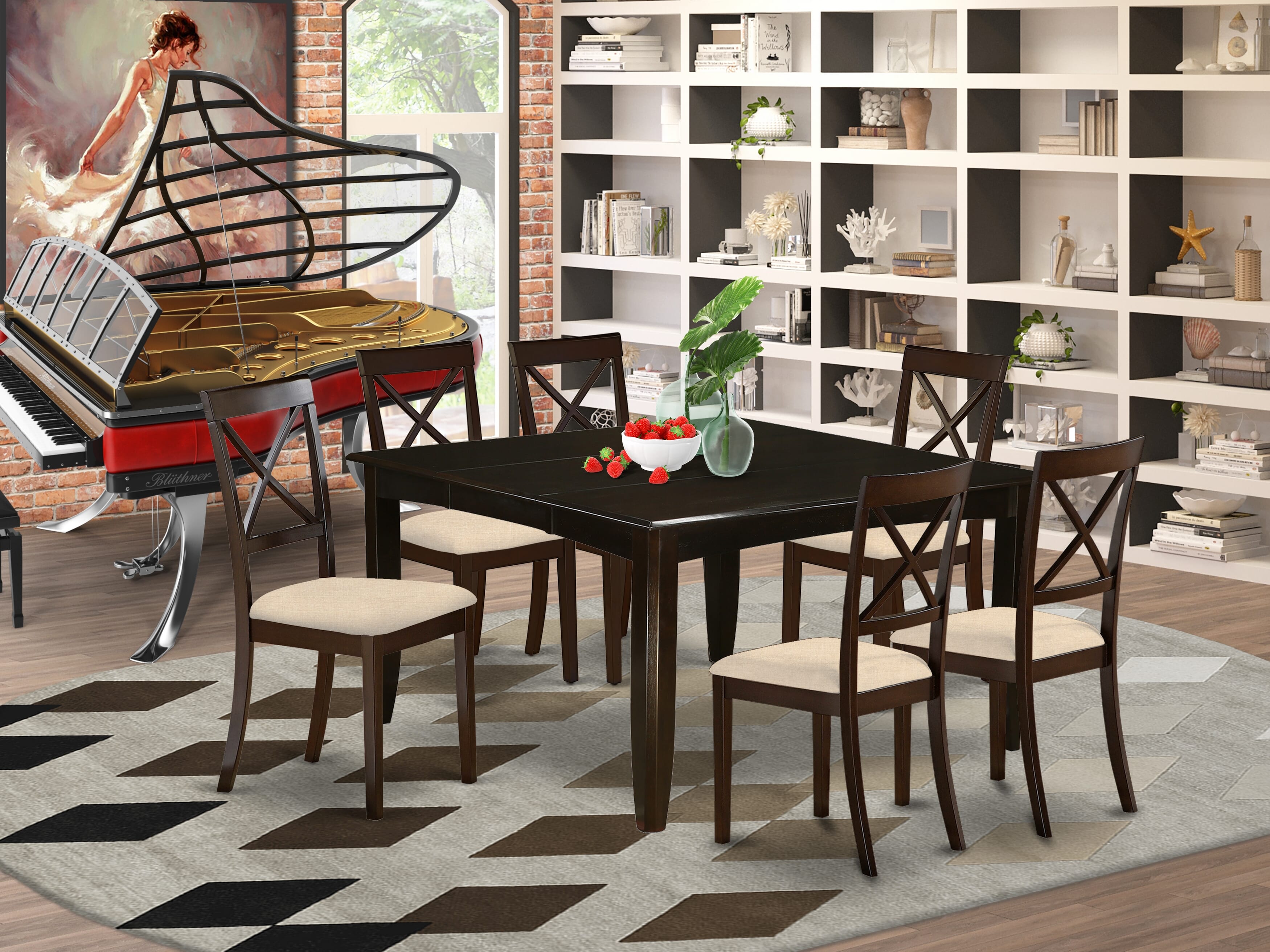 Juego de comedor de 7 piezas PFBO7-CAP-C de East West Furniture: mesa de comedor cuadrada con diseño de hojas de mariposa y 6 sillas de cocina tapizadas en tela de lino.
