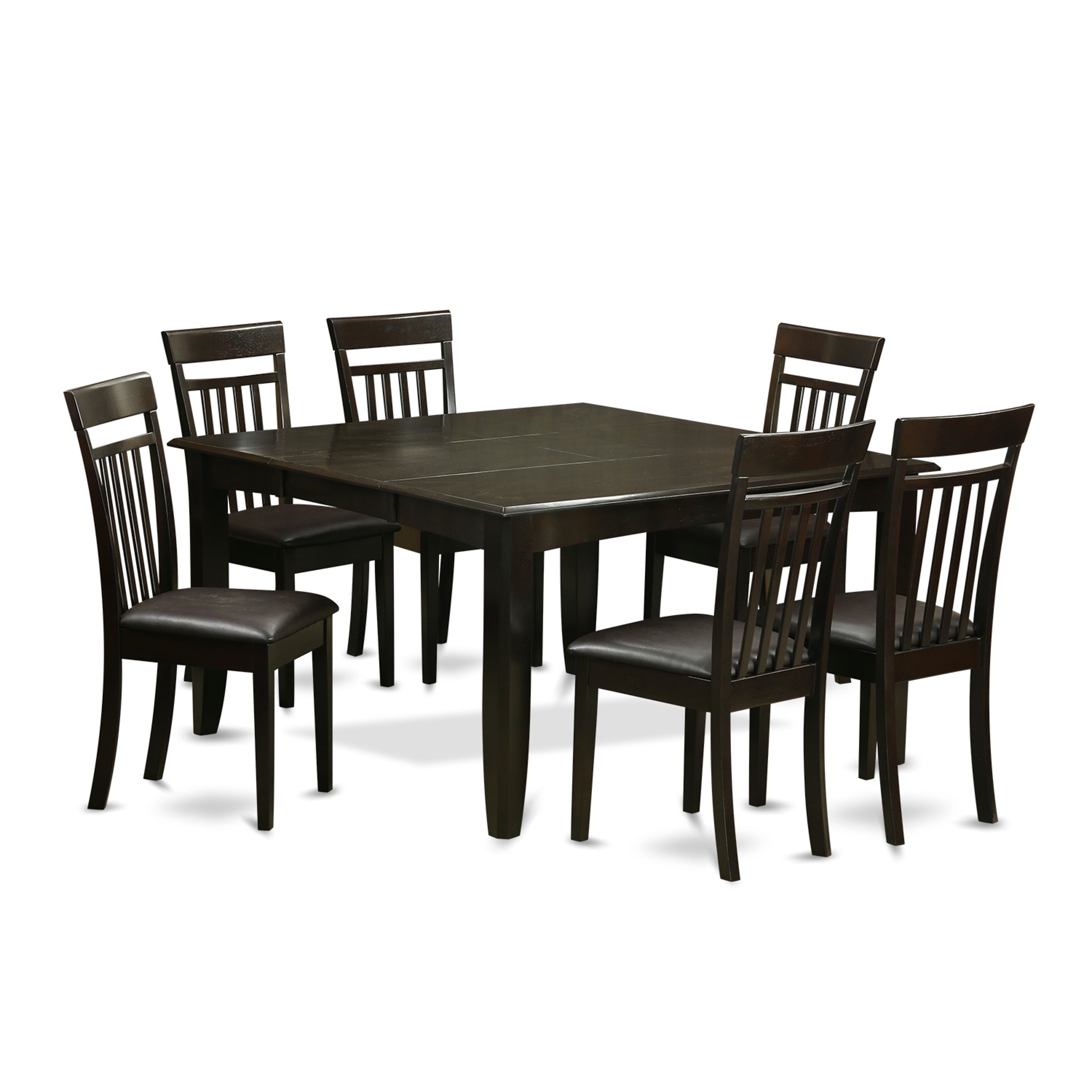 Juego de mesa de comedor moderna de 7 piezas East West Furniture PFCA7-CAP-LC. Incluye una mesa cuadrada de madera con diseño de hojas de mariposa y 6 sillas de comedor de piel sintética.