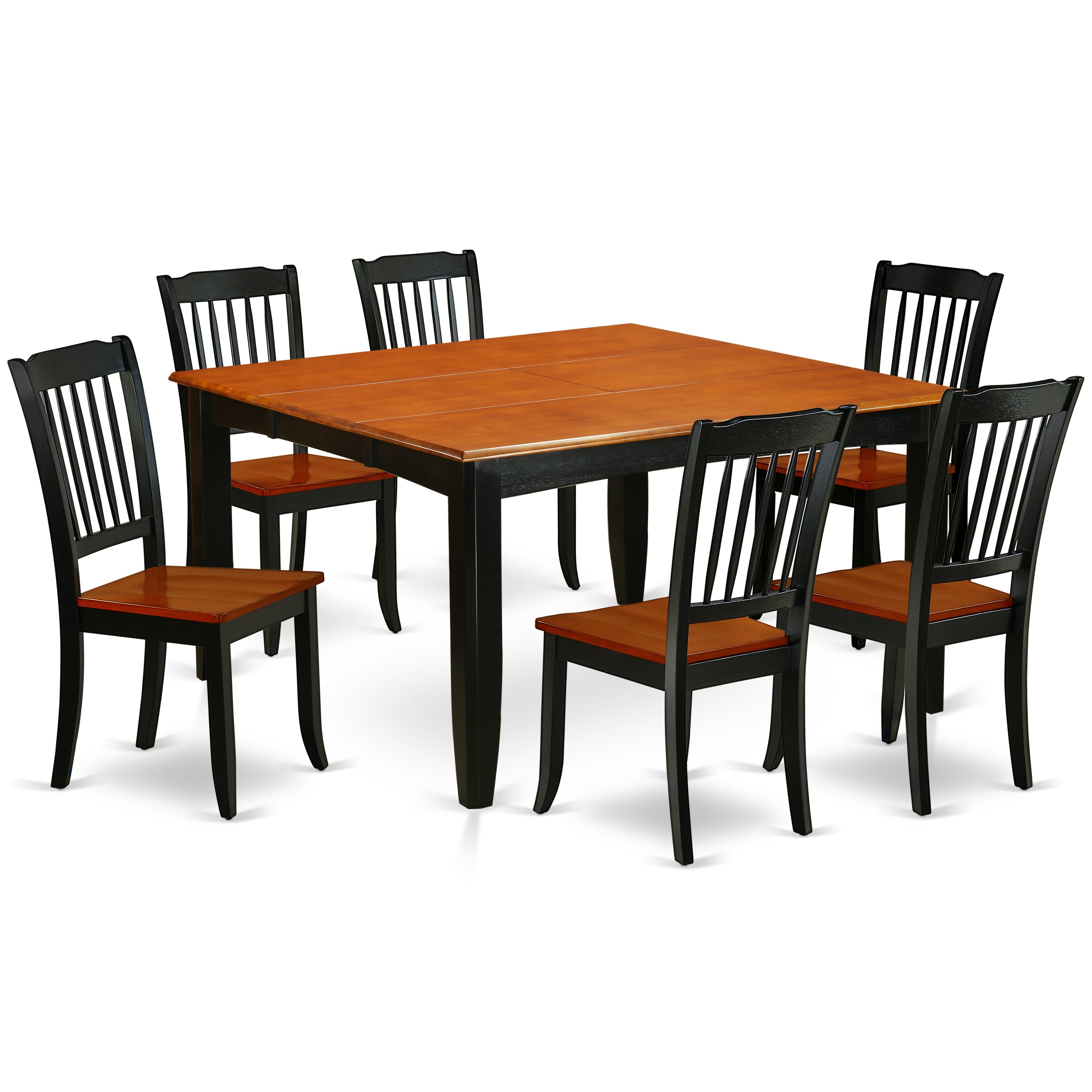 PFDA7-BCH-W 7PC Square 36/54 inch Table with 18 In Leaf and 6 vertical slatted Chairs