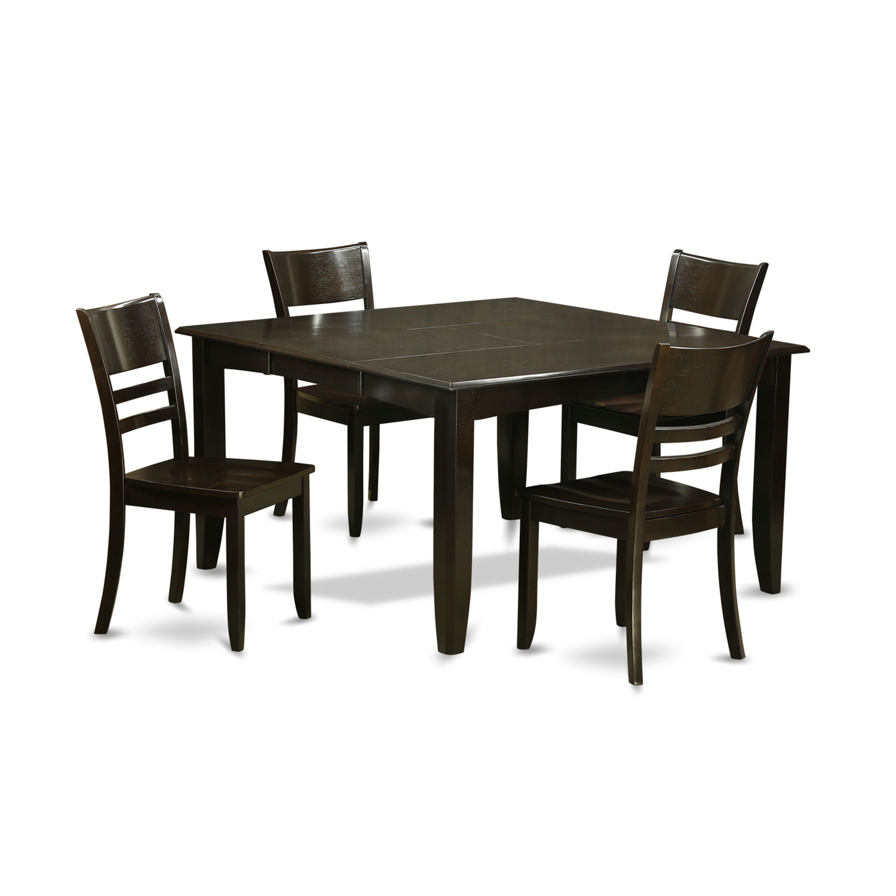 El juego de comedor de 5 piezas PFLY5-CAP-W de East West Furniture incluye una mesa de comedor cuadrada con hojas de mariposa y 4 sillas de cocina.