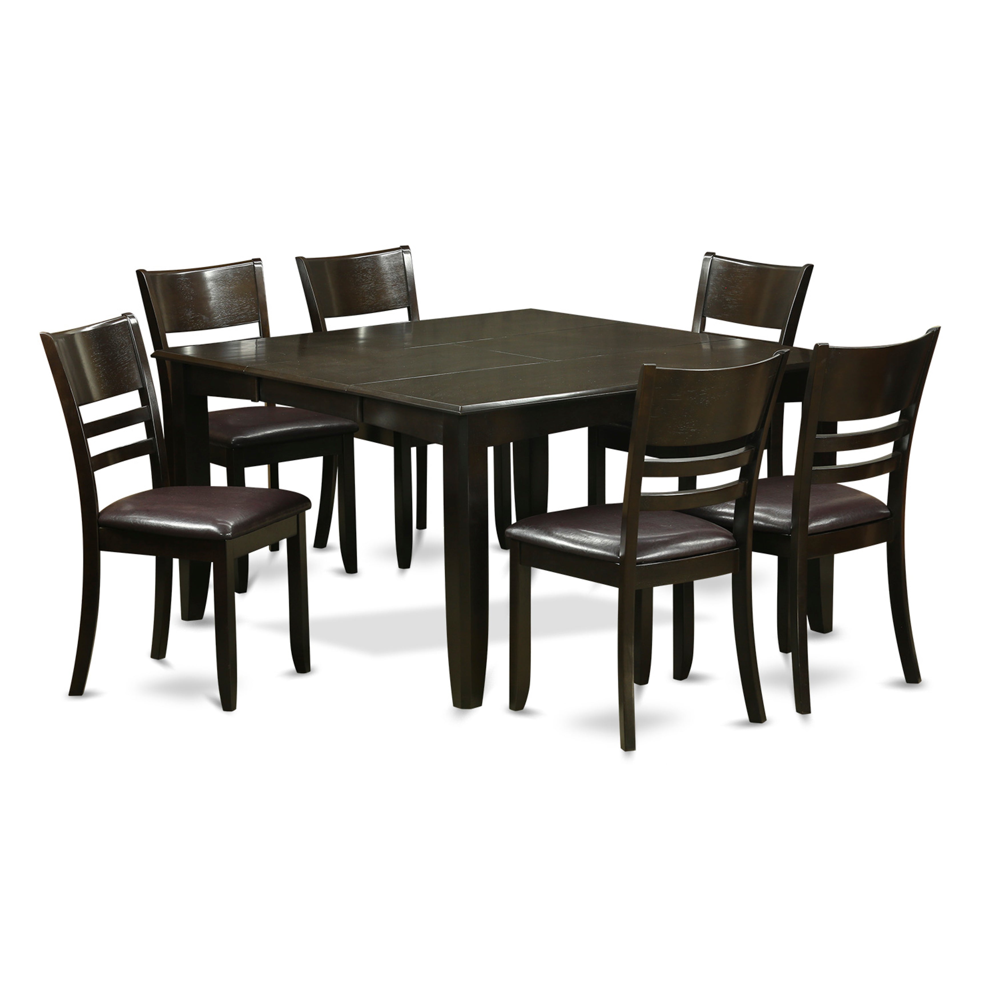 Juego de mesa y sillas de cocina de 7 piezas PFLY7-CAP-LC de East West Furniture. Incluye una mesa de comedor cuadrada con hojas de mariposa y 6 sillas de comedor de piel sintética.