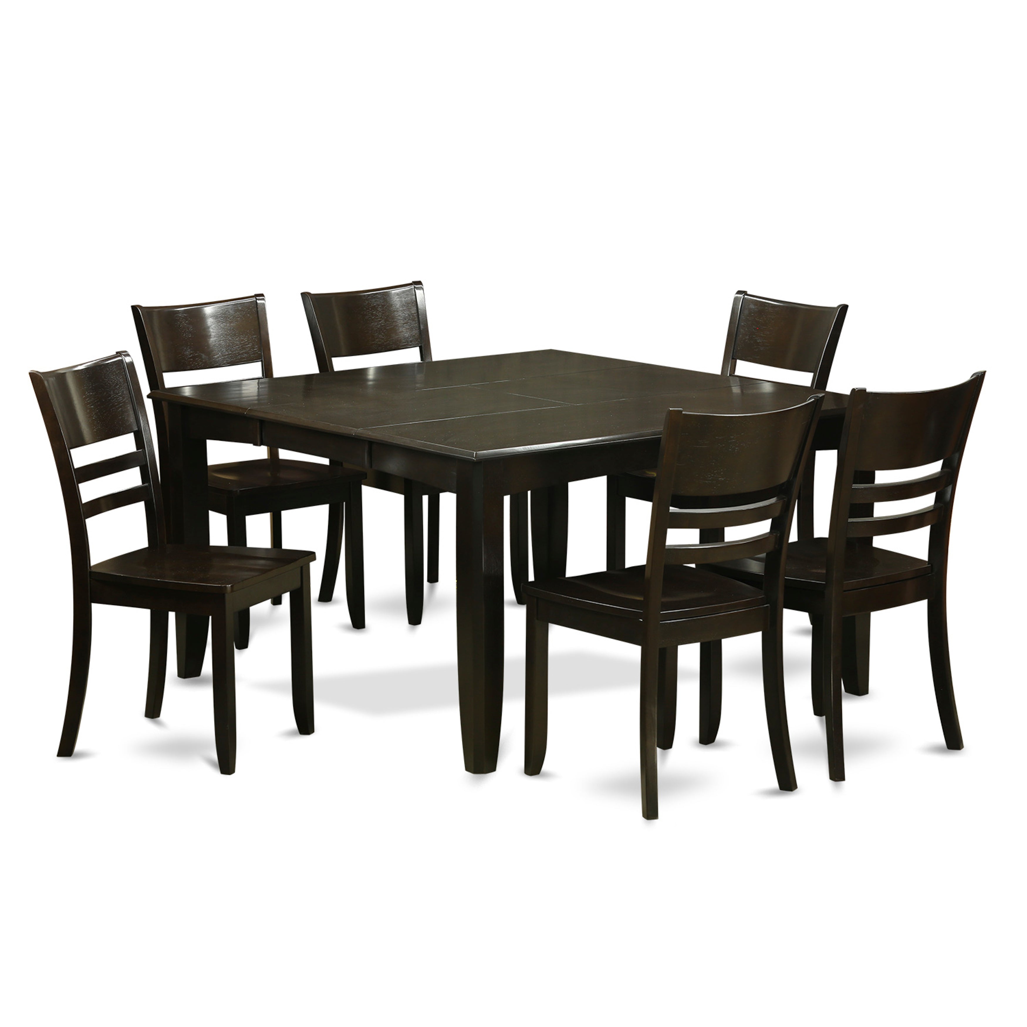 Juego de mesa y sillas de cocina East West Furniture PFLY7-CAP-W de 7 piezas. Incluye una mesa de comedor cuadrada con diseño de hojas de mariposa y 6 sillas de madera maciza.