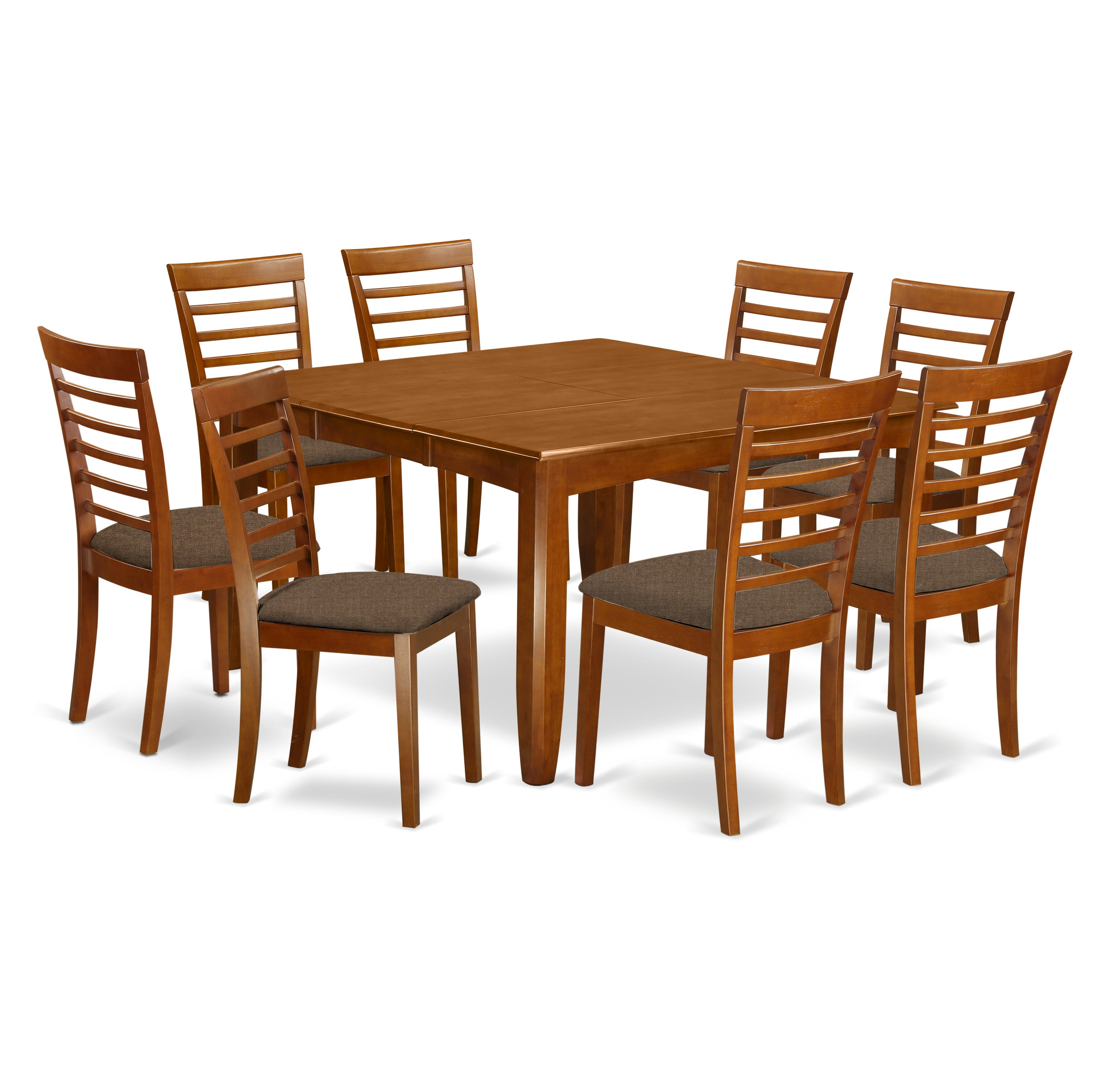El juego de mesa y sillas de cocina East West Furniture PFML9-SBR-C de 9 piezas incluye una mesa de comedor cuadrada con hojas de mariposa y 8 sillas de comedor de tela de lino.