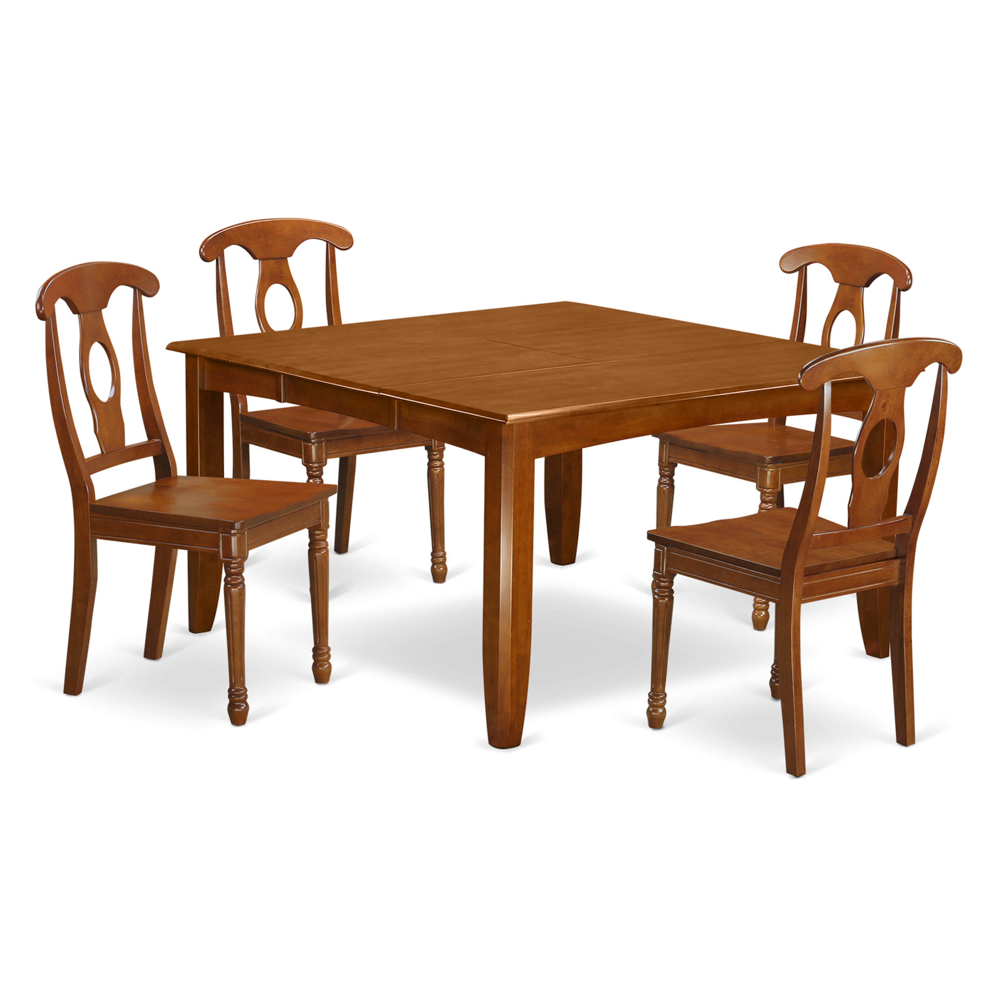 Juego de comedor de 5 piezas East West Furniture PFNA5-SBR-W para 4 personas. Incluye una mesa de comedor cuadrada con diseño de hojas de mariposa y 4 sillas de comedor.