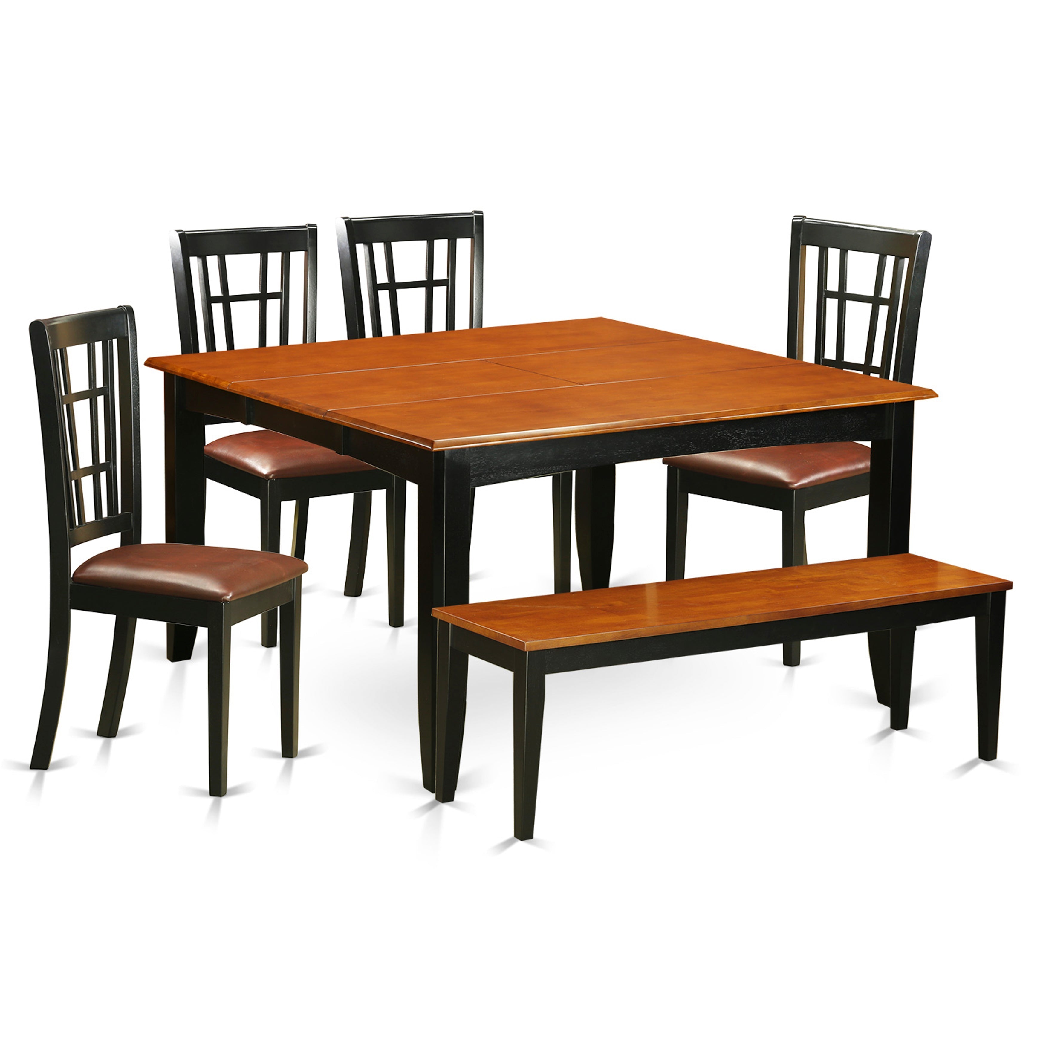 El juego de comedor de 6 piezas PFNI6-BCH-LC de East West Furniture contiene una mesa de comedor cuadrada con hojas de mariposa y 4 sillas de comedor de cuero sintético con un banco.