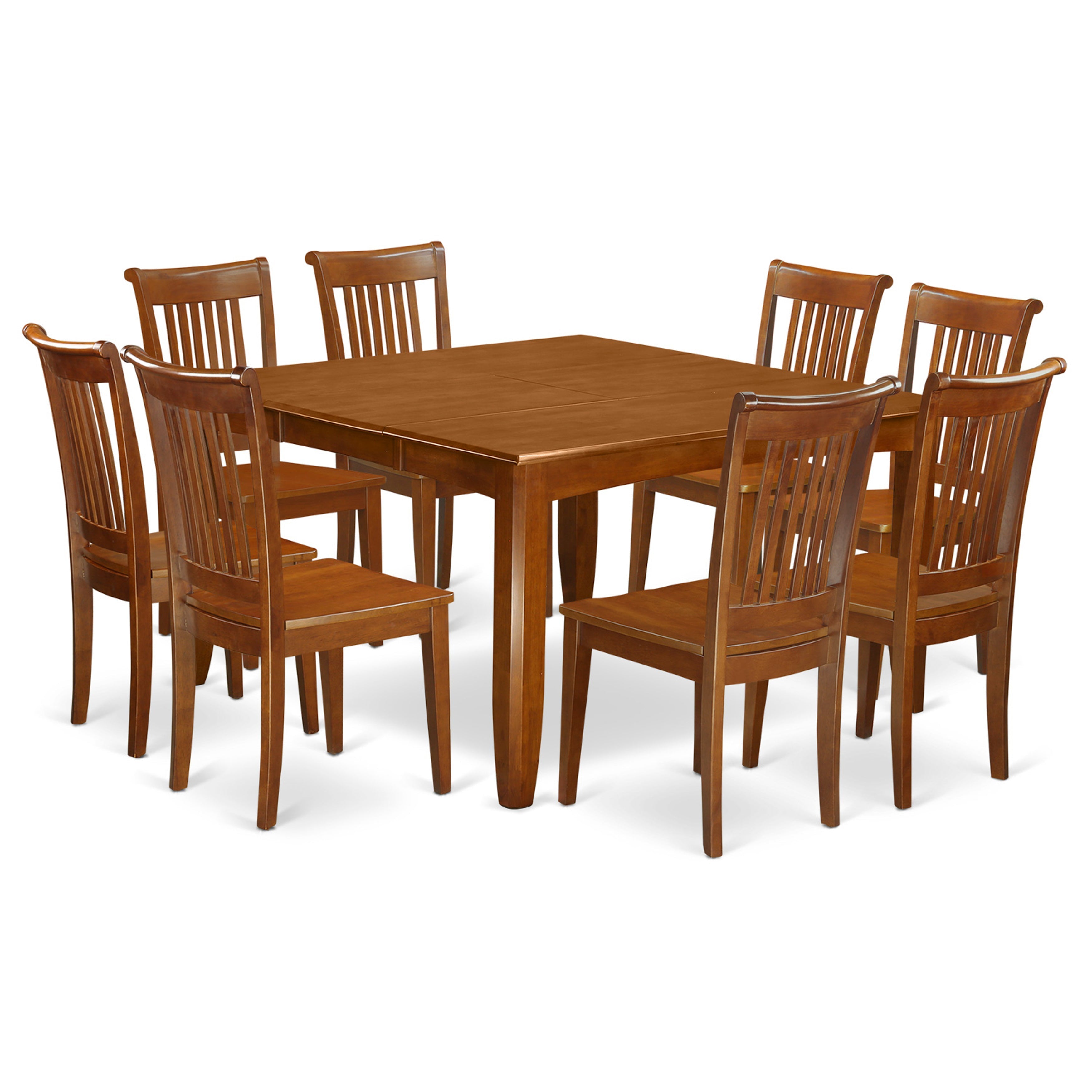 El juego de mesa de comedor East West Furniture PFPO9-SBR-W de 9 piezas incluye una mesa de cocina cuadrada con diseño de hojas de mariposa y 8 sillas de comedor.