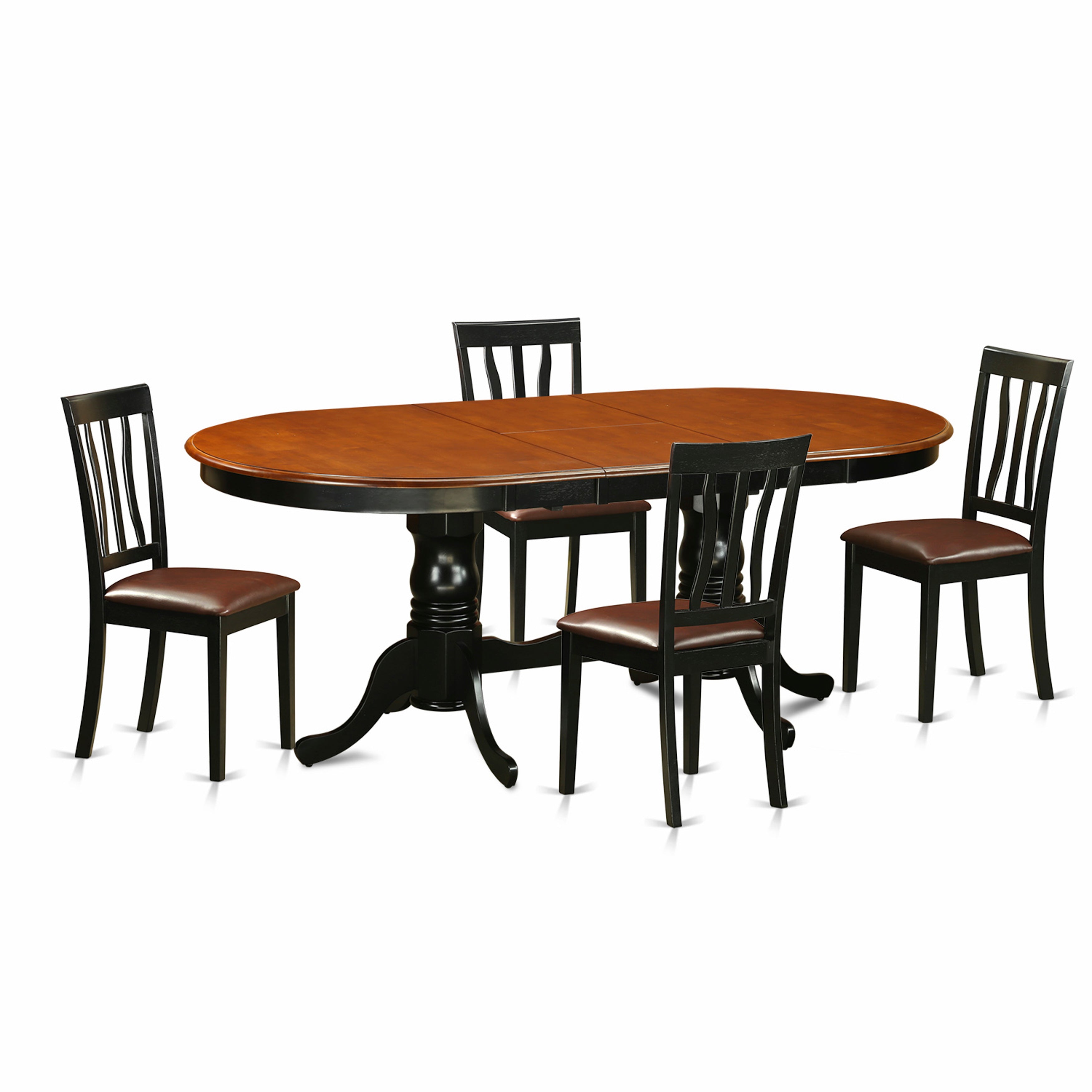 El juego de muebles de comedor de 5 piezas East West Furniture PLAN5-BCH-LC incluye una mesa de cocina ovalada con hojas de mariposa y 4 sillas de comedor tapizadas en piel sintética.