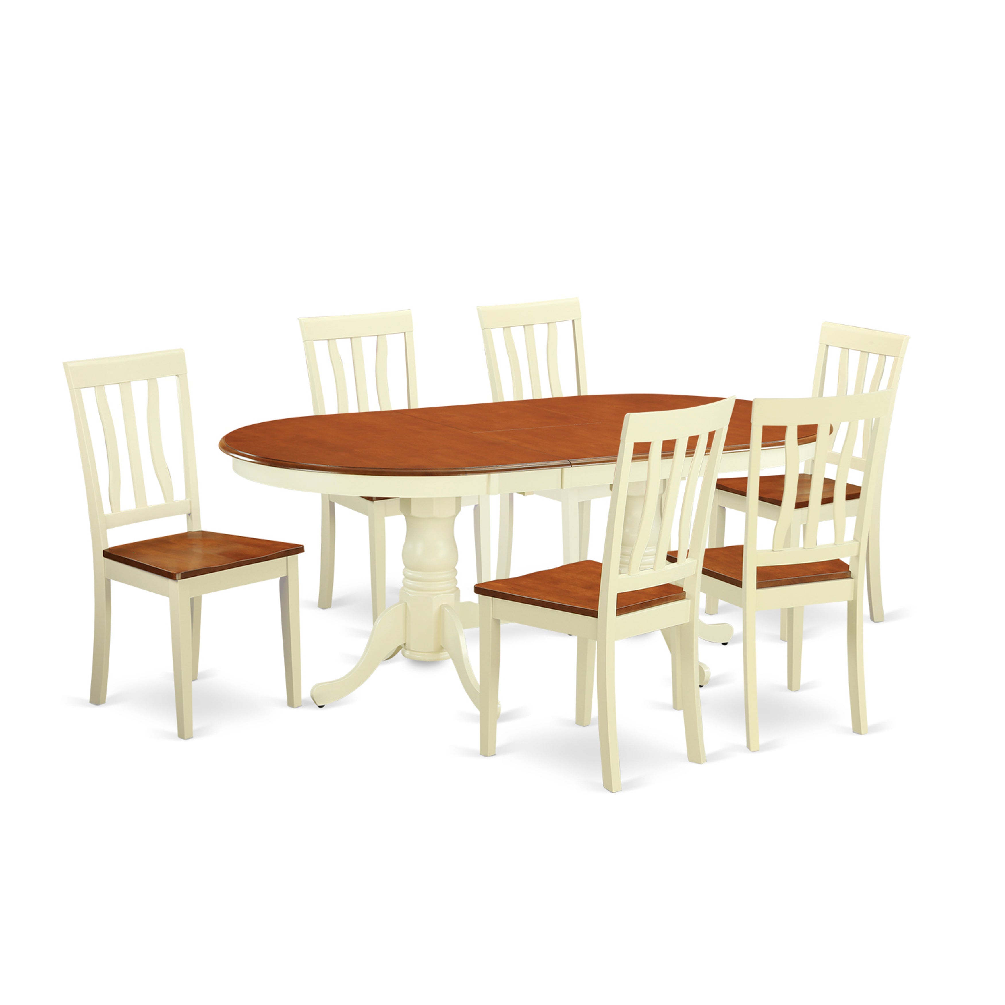 Juego de mesa de comedor moderna de 7 piezas PLAN7-WHI-W de East West Furniture. Consta de una mesa ovalada de madera con hojas de mariposa y 6 sillas de comedor de cocina.