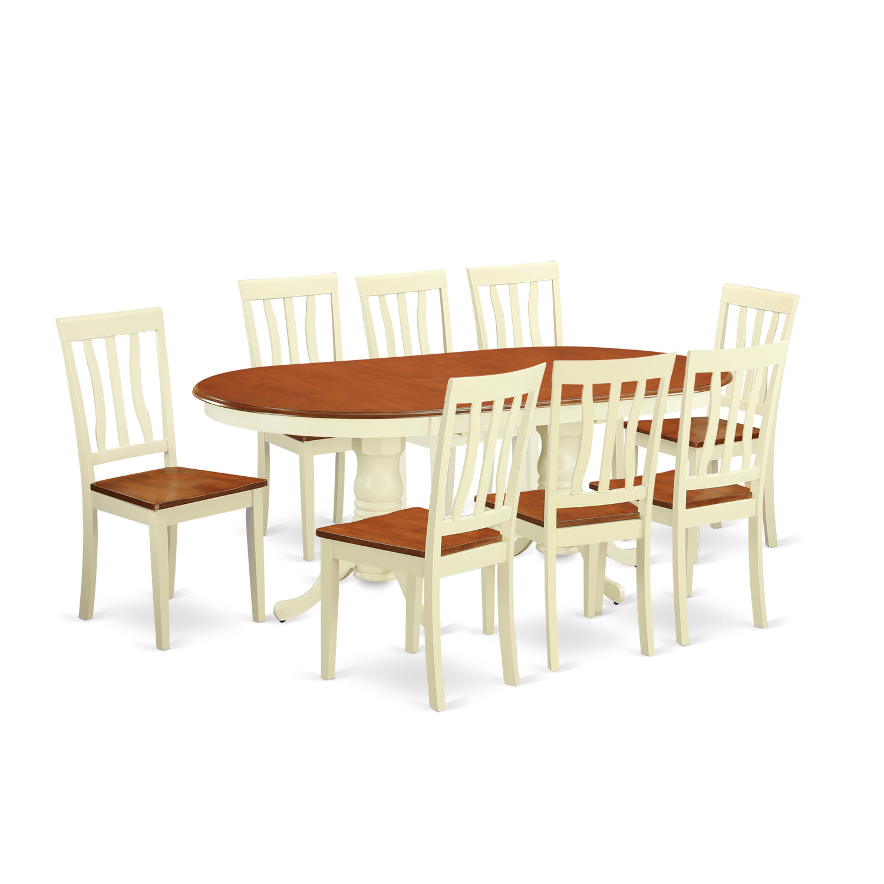 Juego de comedor de 9 piezas East West Furniture PLAN9-WHI-W. Incluye una mesa de comedor ovalada con hojas de mariposa y 8 sillas de cocina.