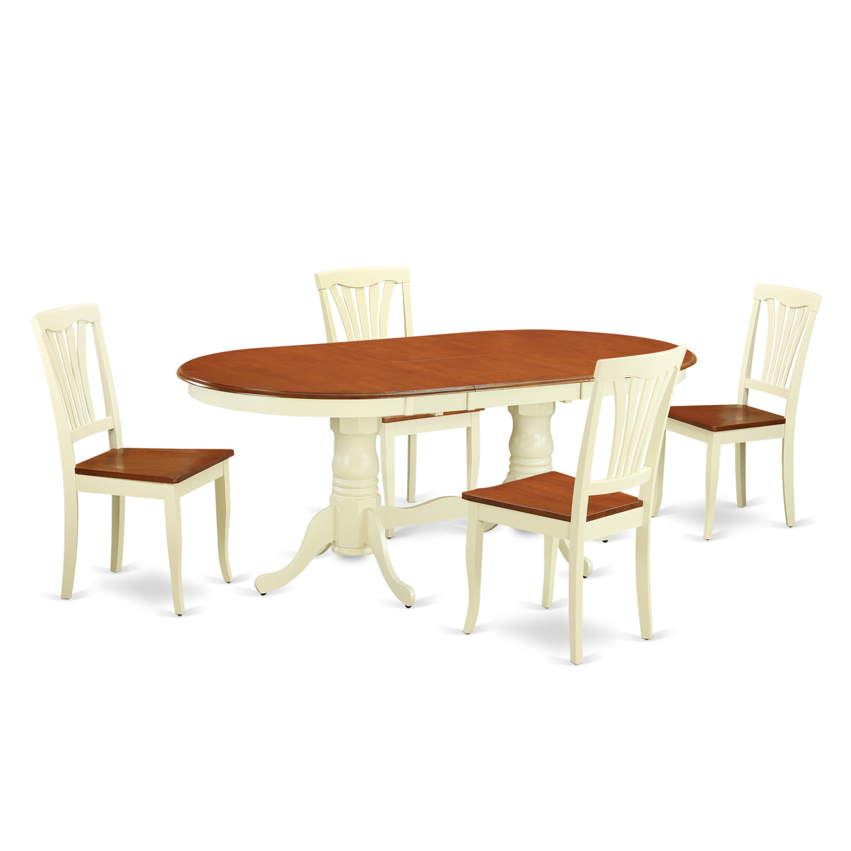 El juego de mesa de comedor de 5 piezas East West Furniture PLAV5-WHI-W incluye una mesa de cocina ovalada con hojas de mariposa y 4 sillas de comedor.