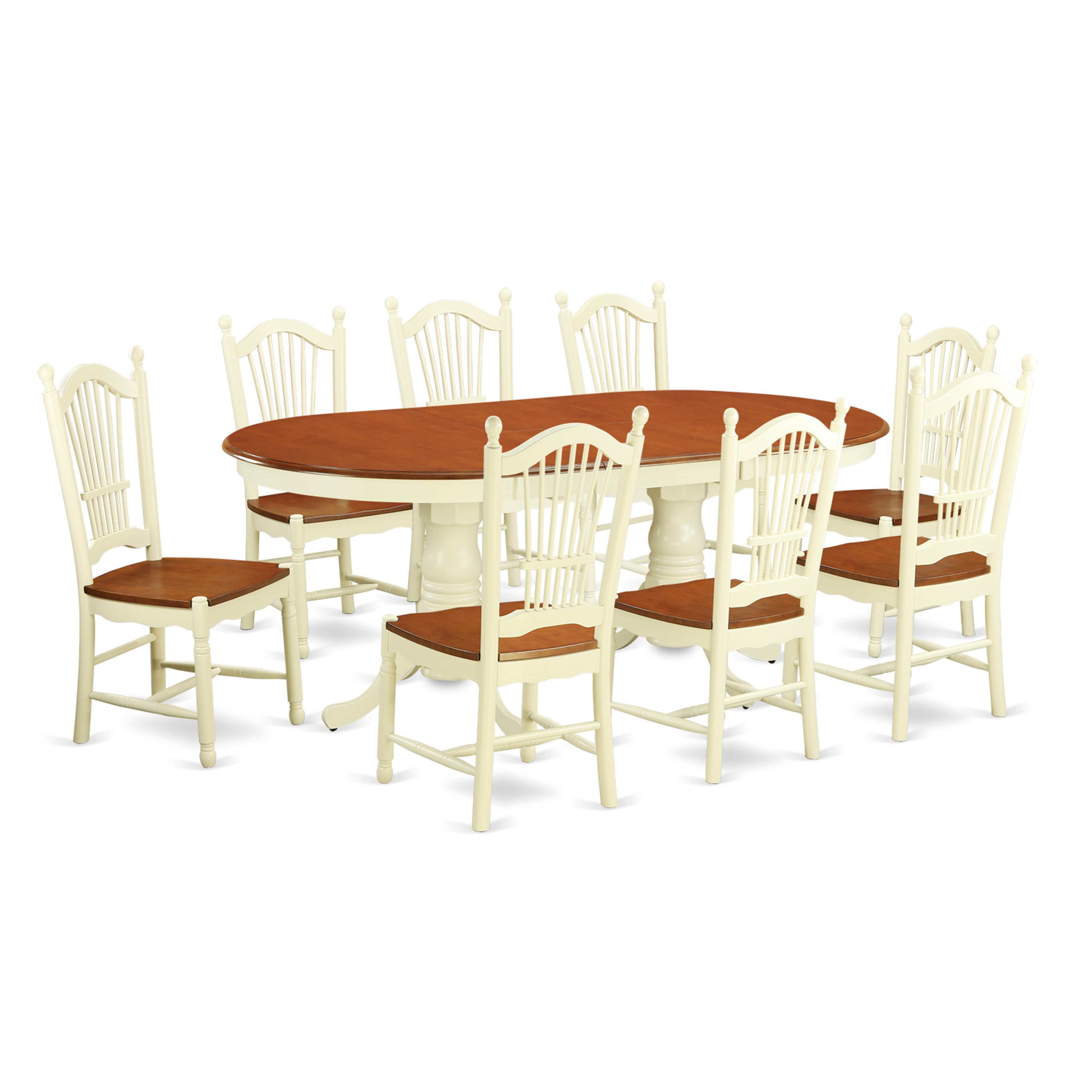 El juego de muebles de comedor East West Furniture PLDO9-WHI-W de 9 piezas incluye una mesa de cocina ovalada con hojas de mariposa y 8 sillas de comedor.