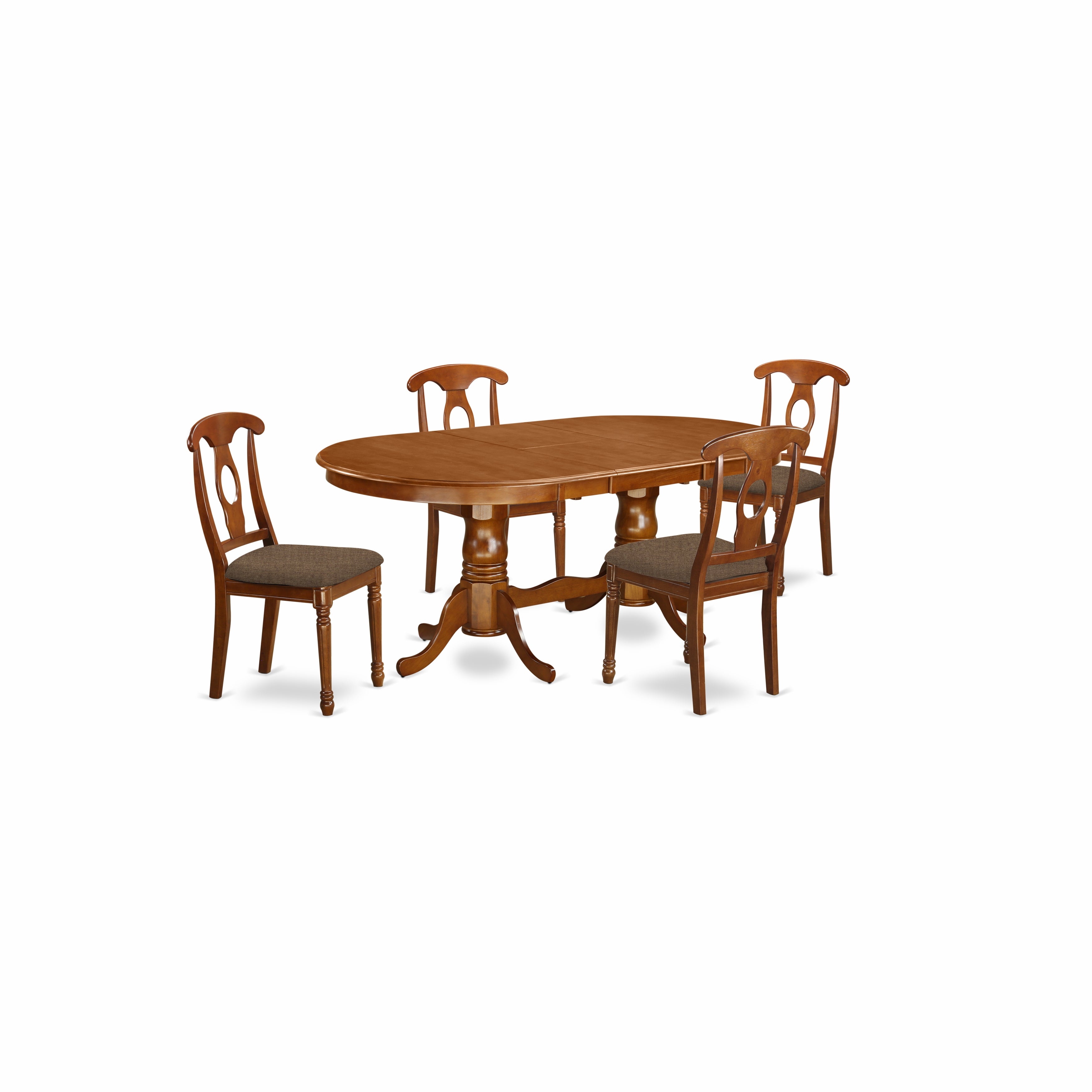 El juego de mesa de comedor moderno de 5 piezas East West Furniture PLNA5-SBR-C incluye una mesa ovalada de madera con hojas de mariposa y 4 sillas de comedor de tela de lino.