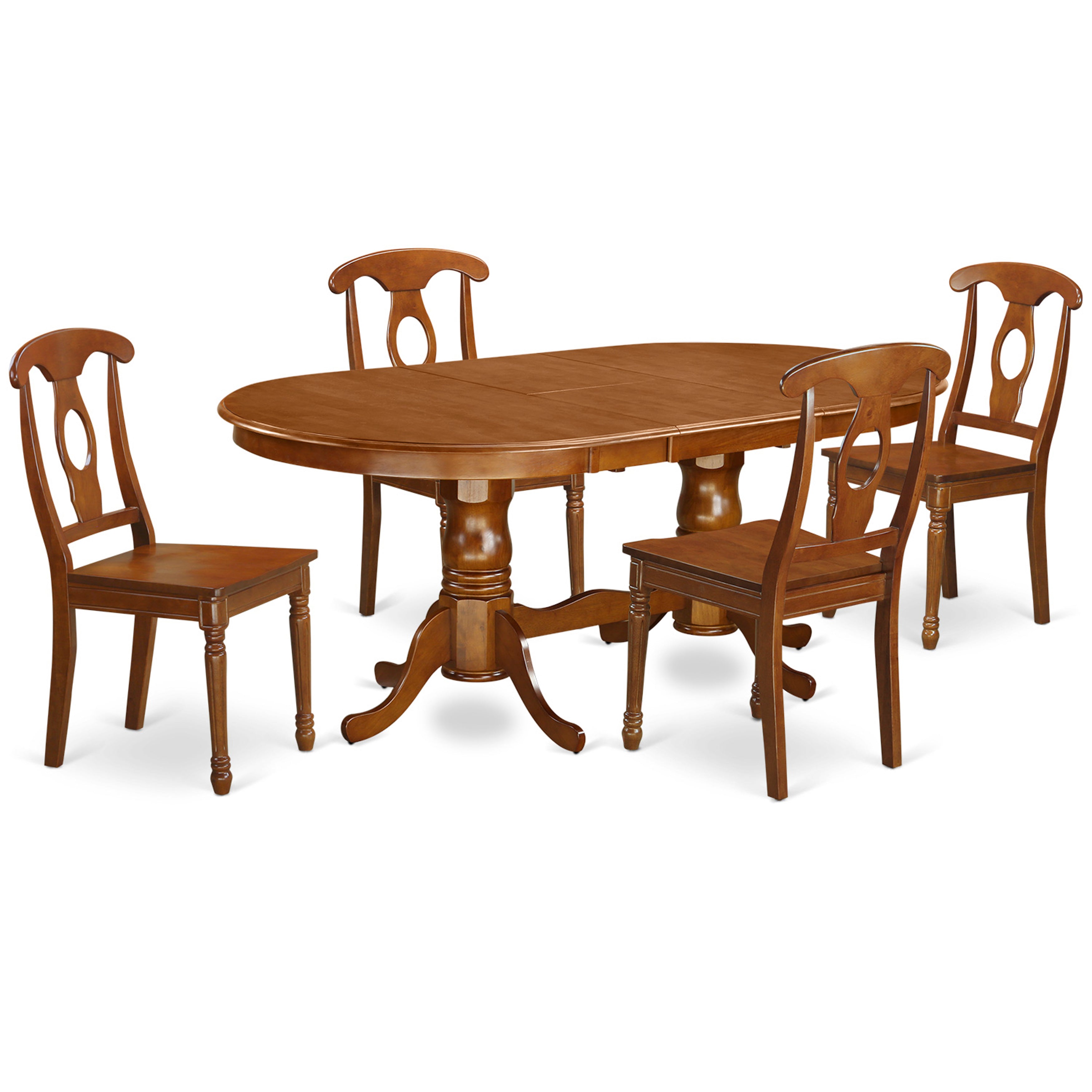 Juego de comedor de 5 piezas East West Furniture PLNA5-SBR-W. Incluye una mesa de comedor ovalada con hojas de mariposa y 4 sillas con asiento de madera.