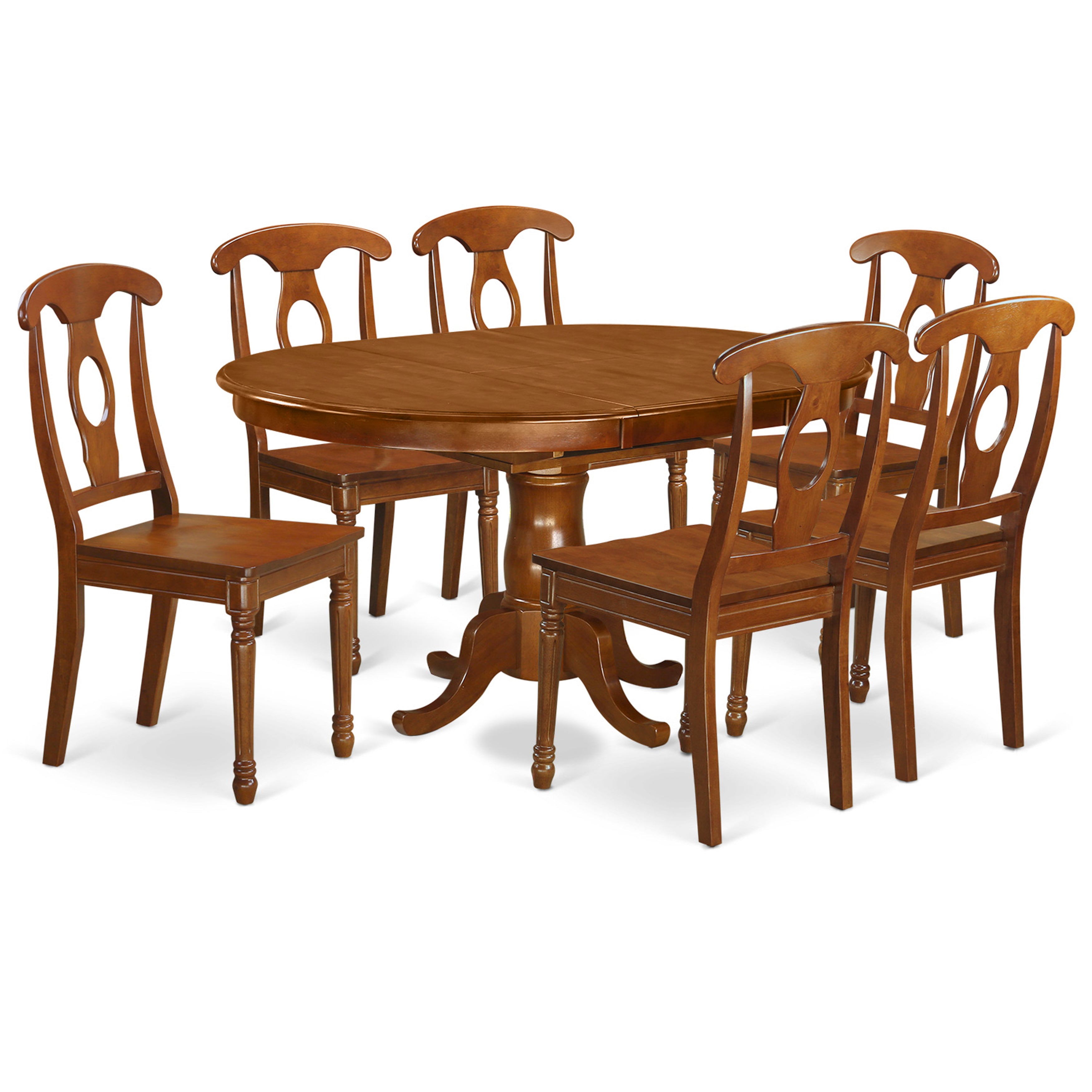Juego de mesa de cocina de 7 piezas PONA7-SBR-W de East West Furniture que consta de una mesa de comedor ovalada con hojas de mariposa y 6 sillas de comedor.