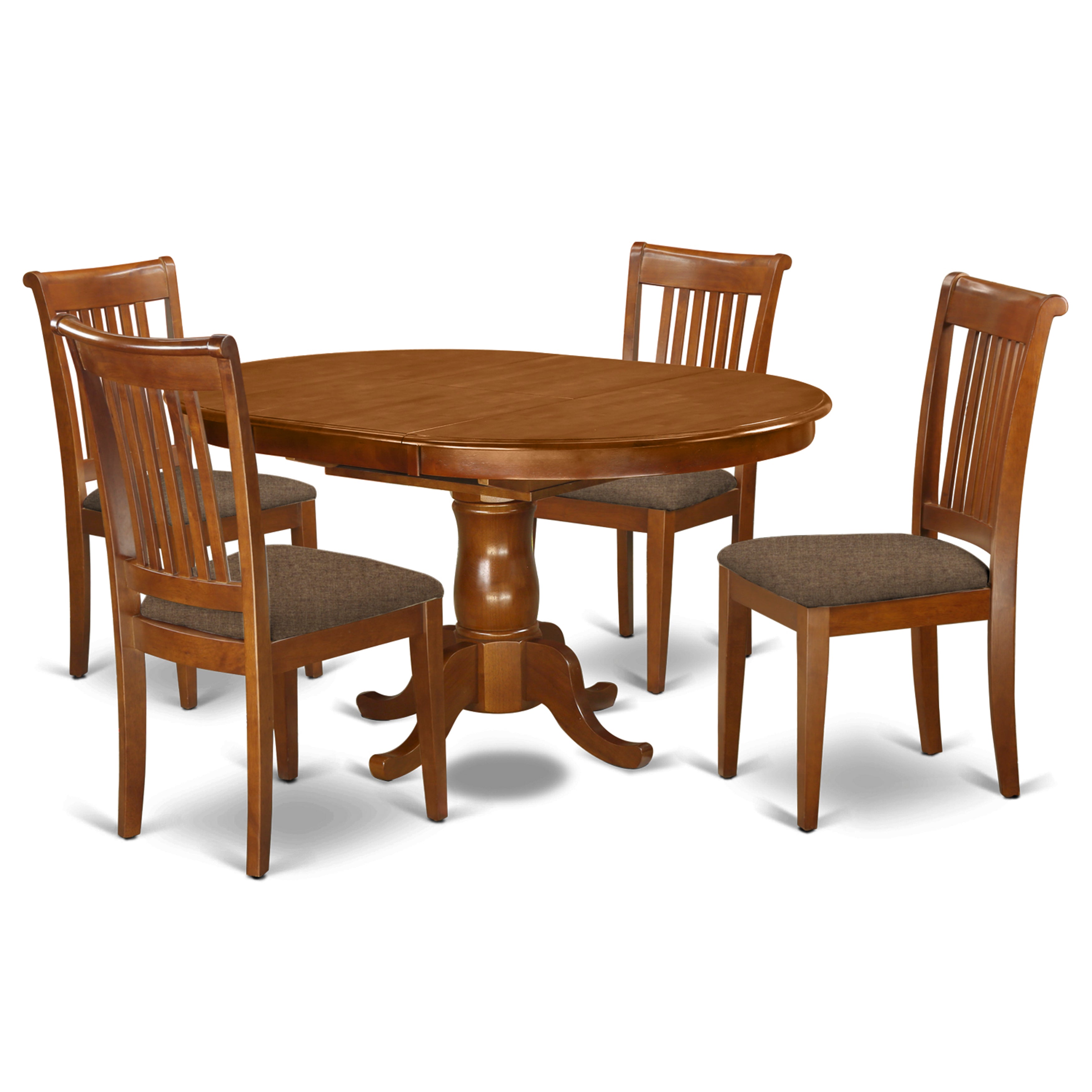 El juego de muebles de comedor de 5 piezas PORT5-SBR-C de East West Furniture incluye una mesa ovalada de madera con hojas de mariposa y 4 sillas de comedor de cocina de tela de lino.