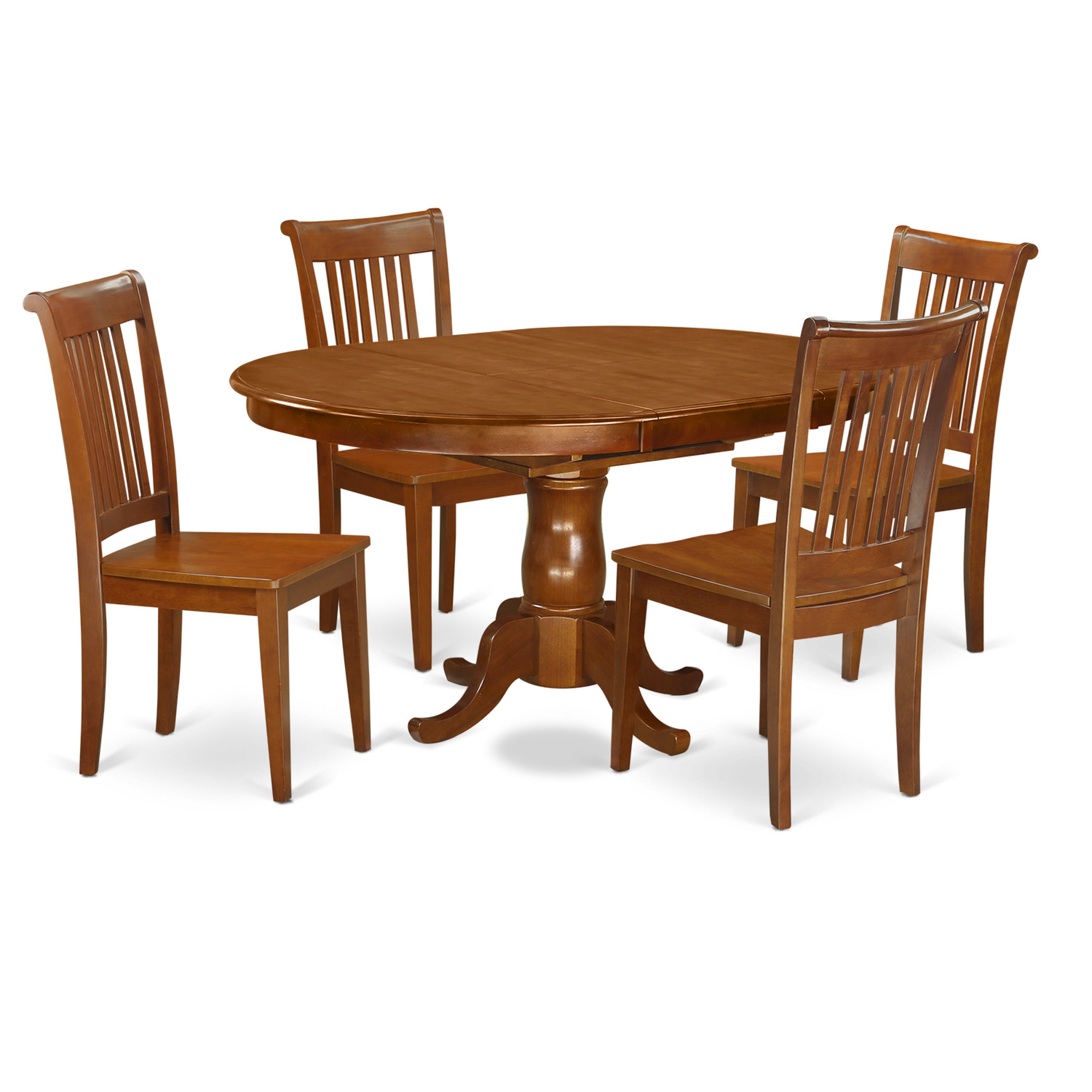 Juego de comedor de 5 piezas East West Furniture PORT5-SBR-W para 4 personas. Incluye una mesa de comedor ovalada con hojas de mariposa y 4 sillas de comedor.