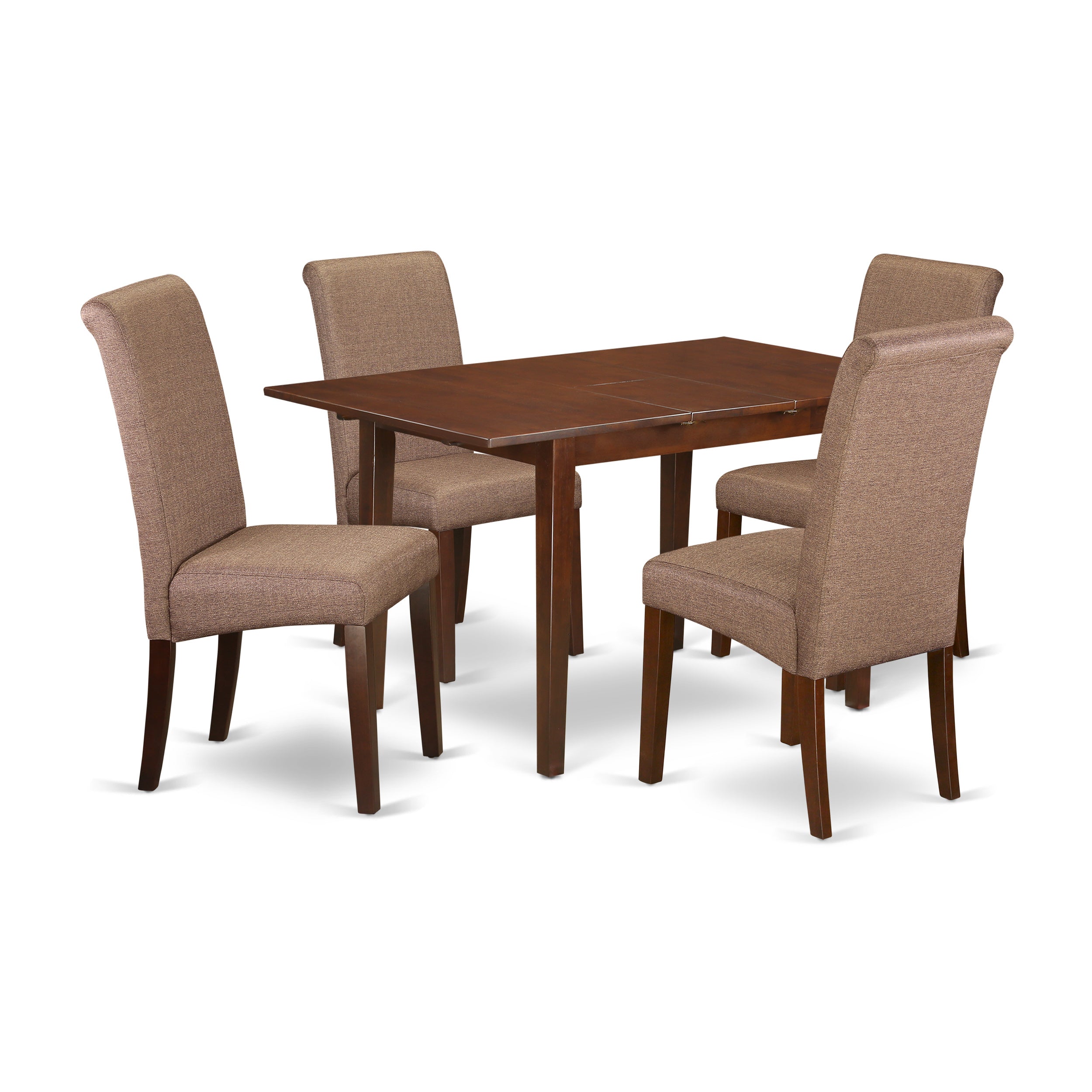 Juego de comedor de 5 piezas East West Furniture PSBA5-MAH-18. Incluye una mesa de comedor rectangular con diseño de hojas de mariposa y 4 sillas tapizadas en tela de lino marrón.