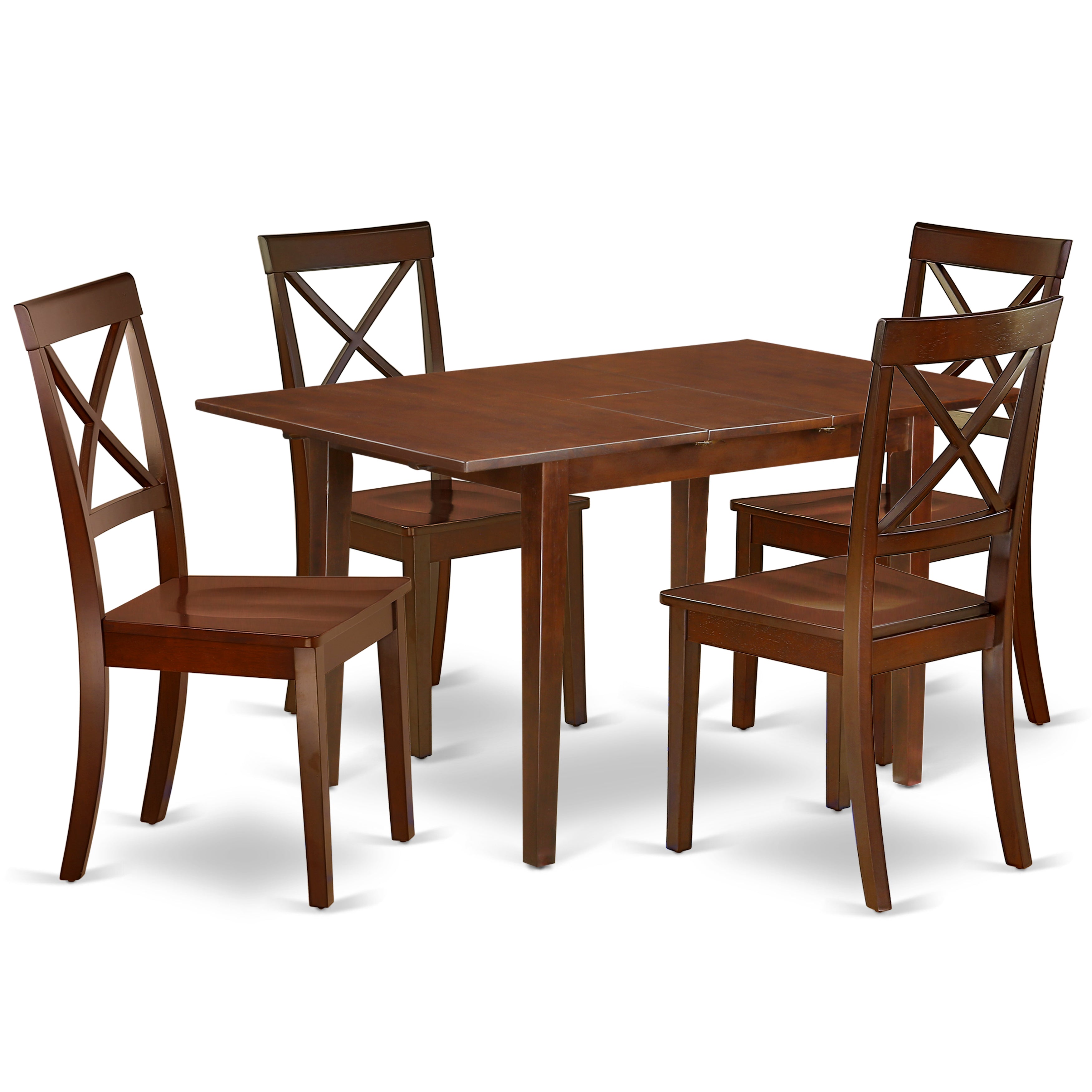 PSBO5-MAH-W 5Pc Rectangle 48/60 Inch Dinner Table With 12 In Butterfly Leaf And 4 Wood Seat Kitchen Chairs