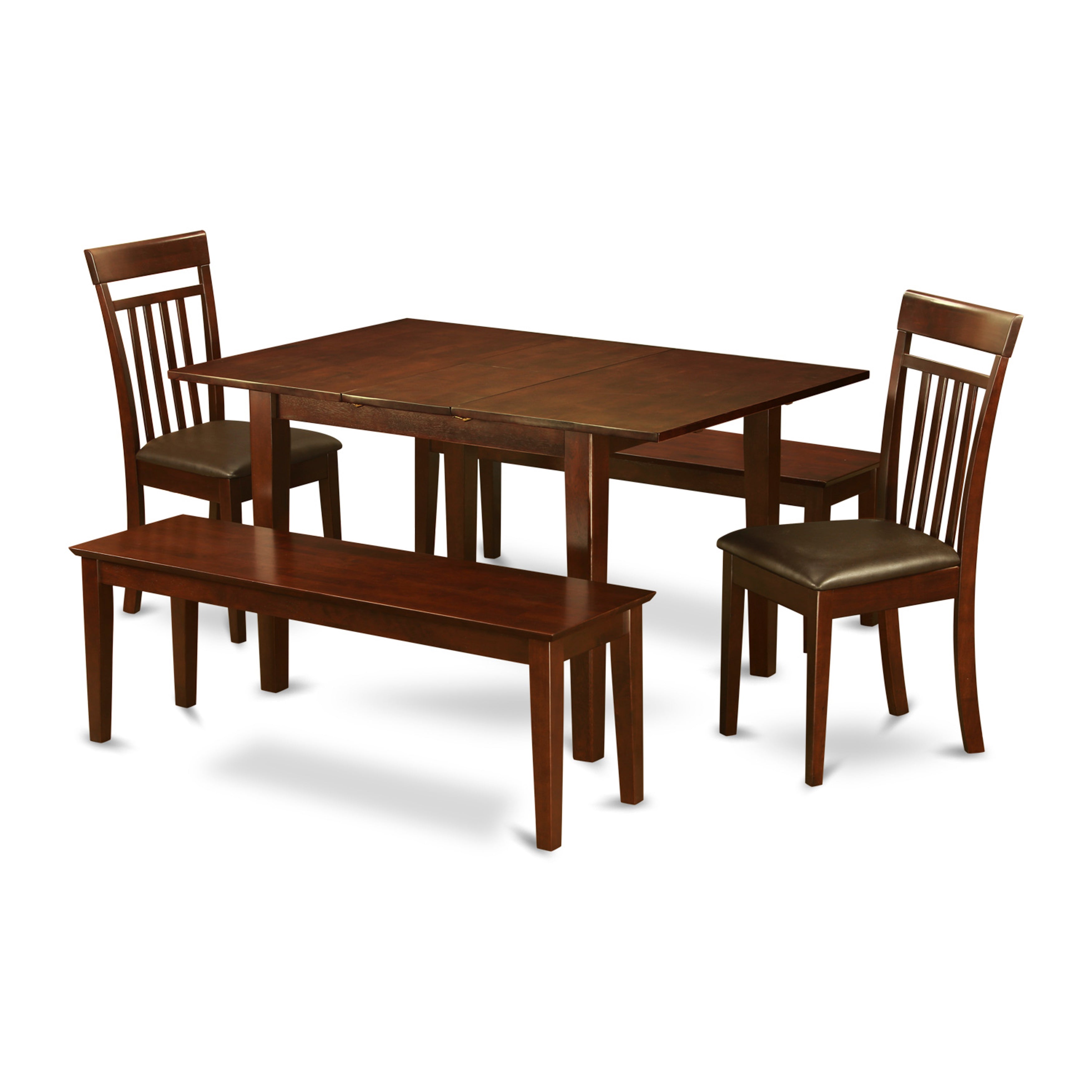El juego de mesa de comedor de 5 piezas East West Furniture PSCA5C-MAH-LC incluye una mesa rectangular de madera con hojas de mariposa y 2 sillas de comedor de cuero sintético con 2 bancos.