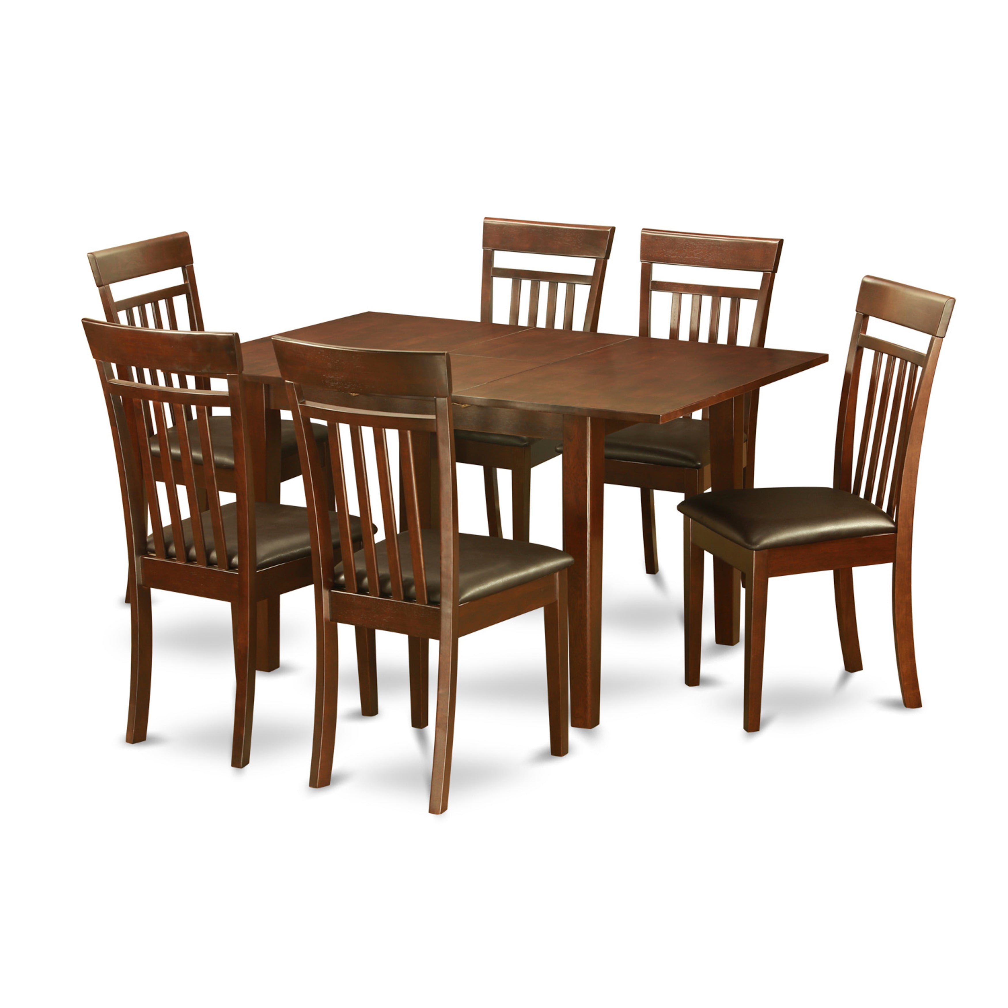 Juego de mesa de comedor moderna de 7 piezas East West Furniture PSCA7-MAH-LC. Incluye una mesa rectangular de madera con diseño de hojas de mariposa y 6 sillas de comedor de piel sintética.
