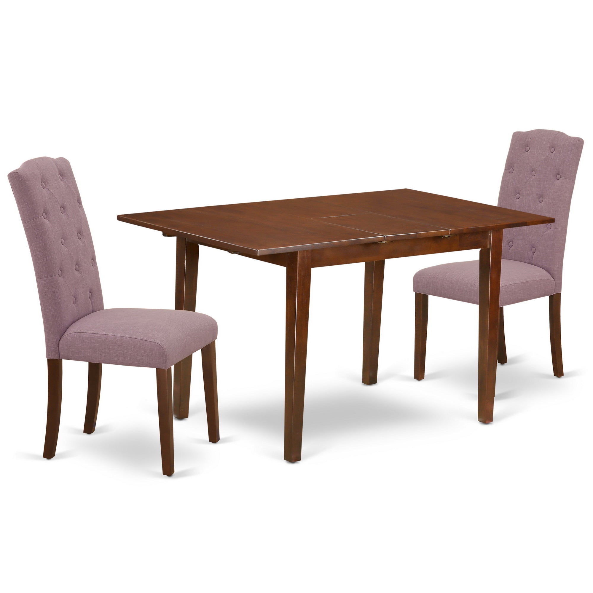 Juego de mesa de comedor de 3 piezas East West Furniture PSCE3-MAH-10. Incluye una mesa de cocina rectangular con diseño de hojas de mariposa y dos sillas de comedor Parson de tela de lino Dahlia.