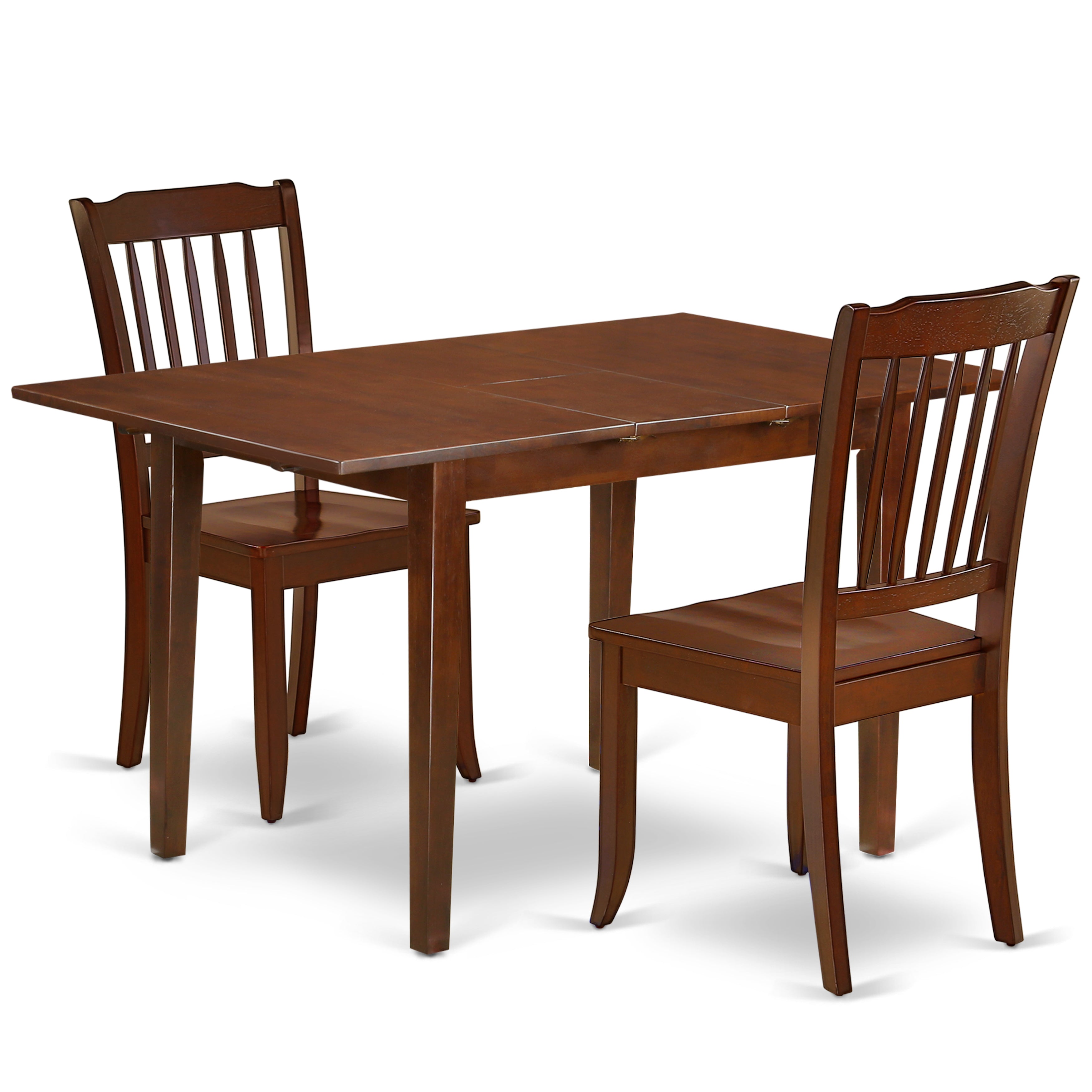 PSDA3-MAH-W 3PC Rectangular 48/60 inch Table with 12 In Leaf and 2 vertical slatted Chairs