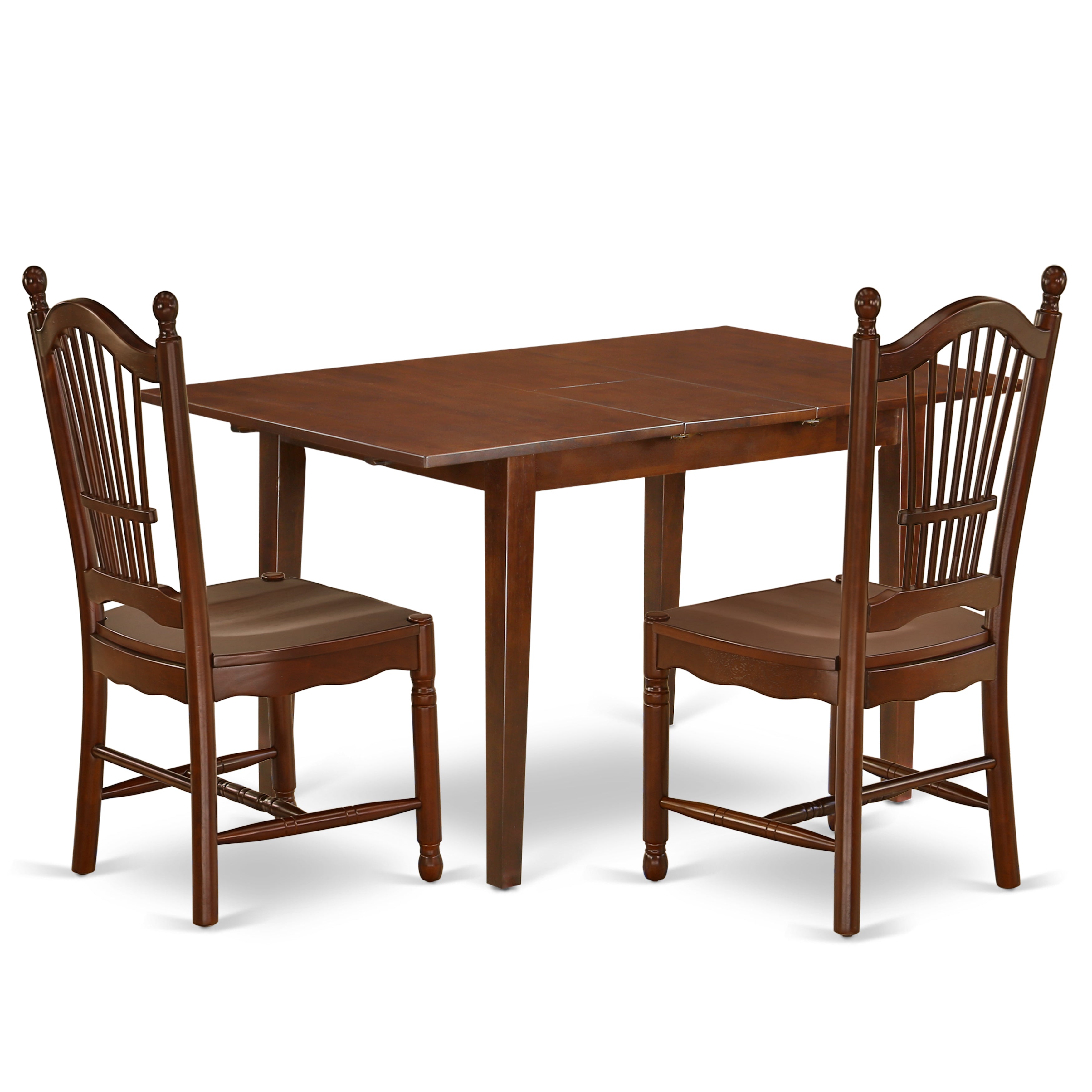 Juego de mesa de cocina de 3 piezas East West Furniture PSDO3-MAH-W para espacios pequeños. Incluye una mesa de comedor rectangular con diseño de hojas de mariposa y dos sillas con asiento de madera maciza.
