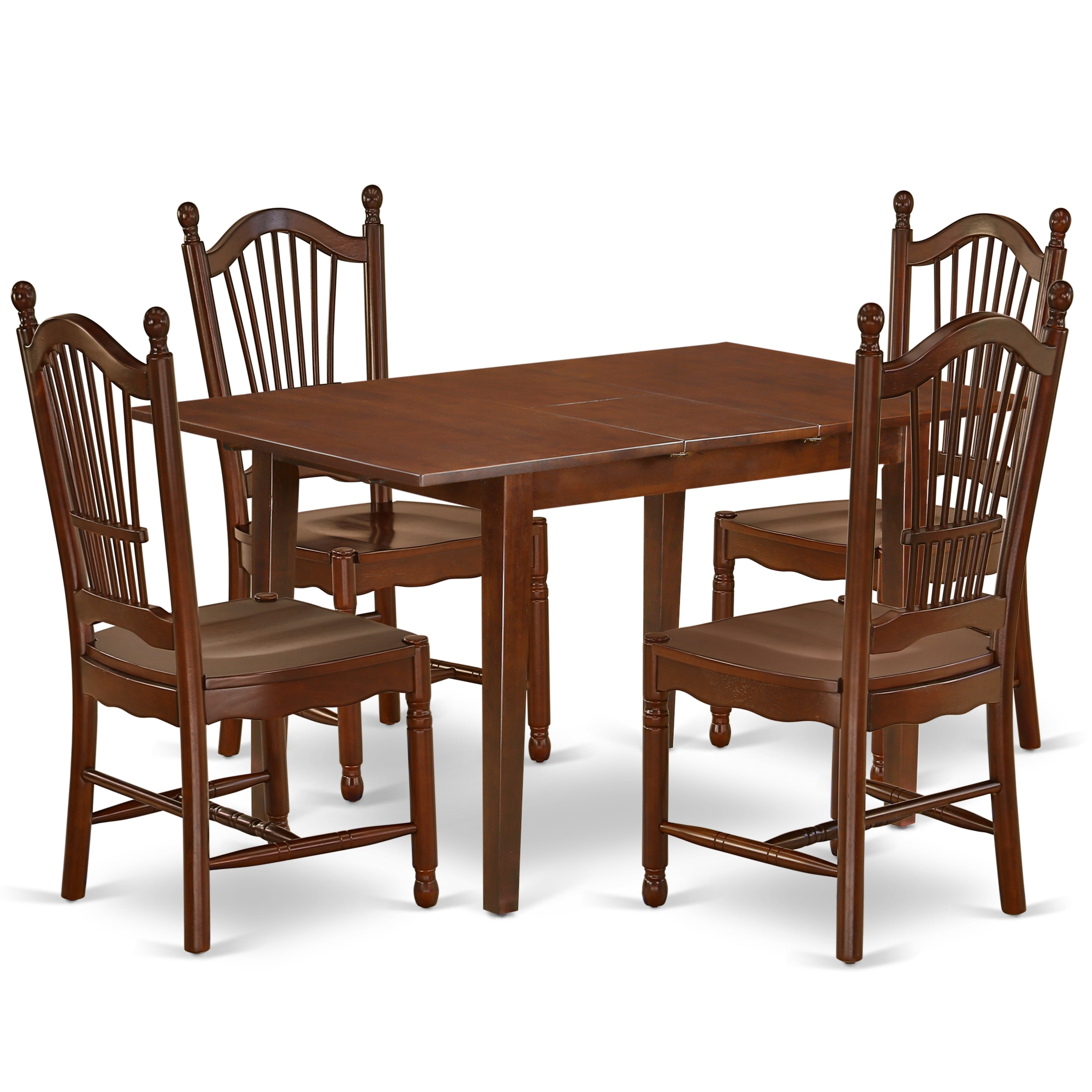 East West Furniture PSDO5-MAH-W Juego de mesa de comedor de 5 piezas para 4 personas. Incluye una mesa de cocina rectangular con diseño de hojas de mariposa y 4 sillas de comedor de cocina.