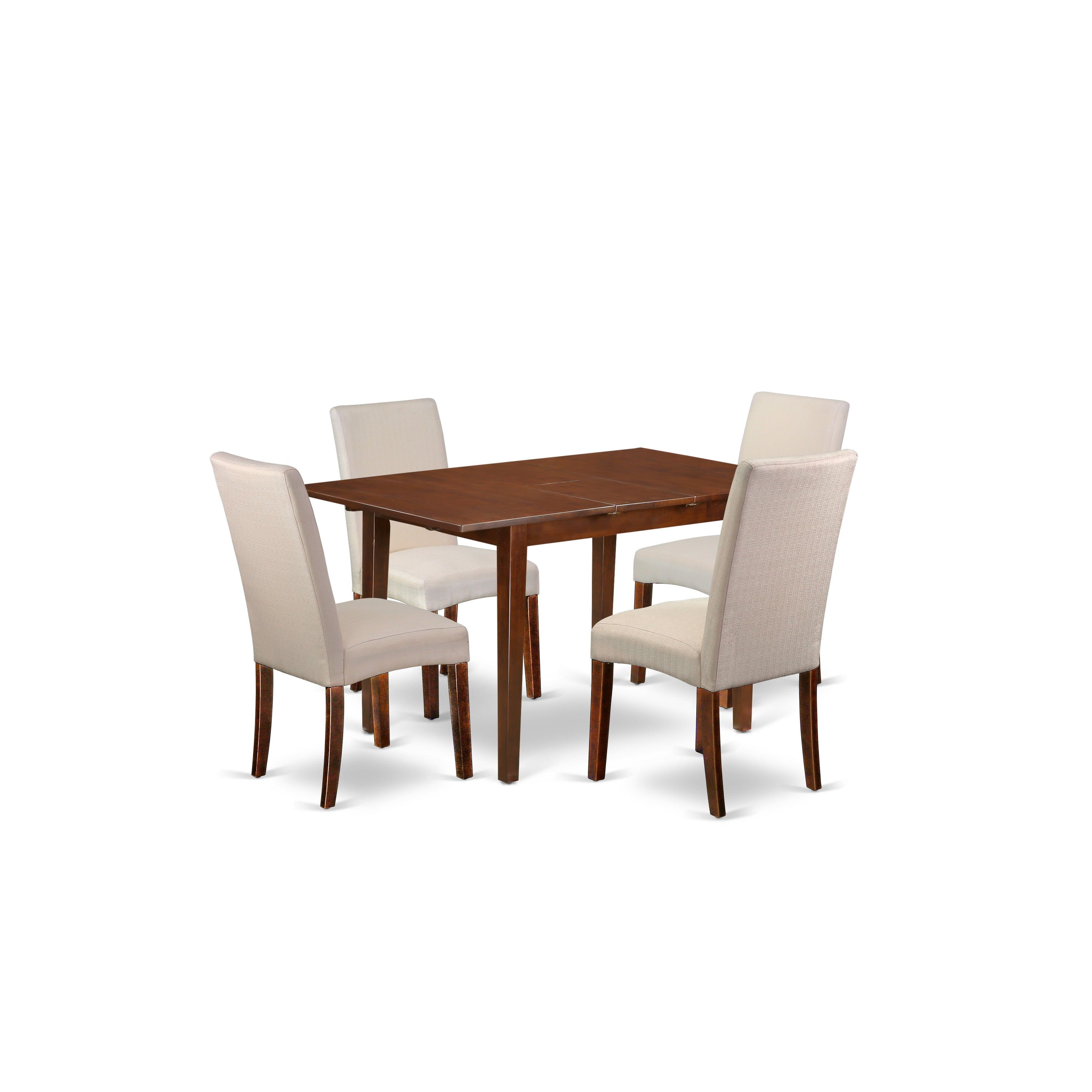 PSDR5-MAH-01 5Pc Rectangle 48/60" Kitchen Table With 12 In Butterfly Leaf And 4 Parson Chair With Mahogany Finish Leg And Linen Fabric- Cream Color