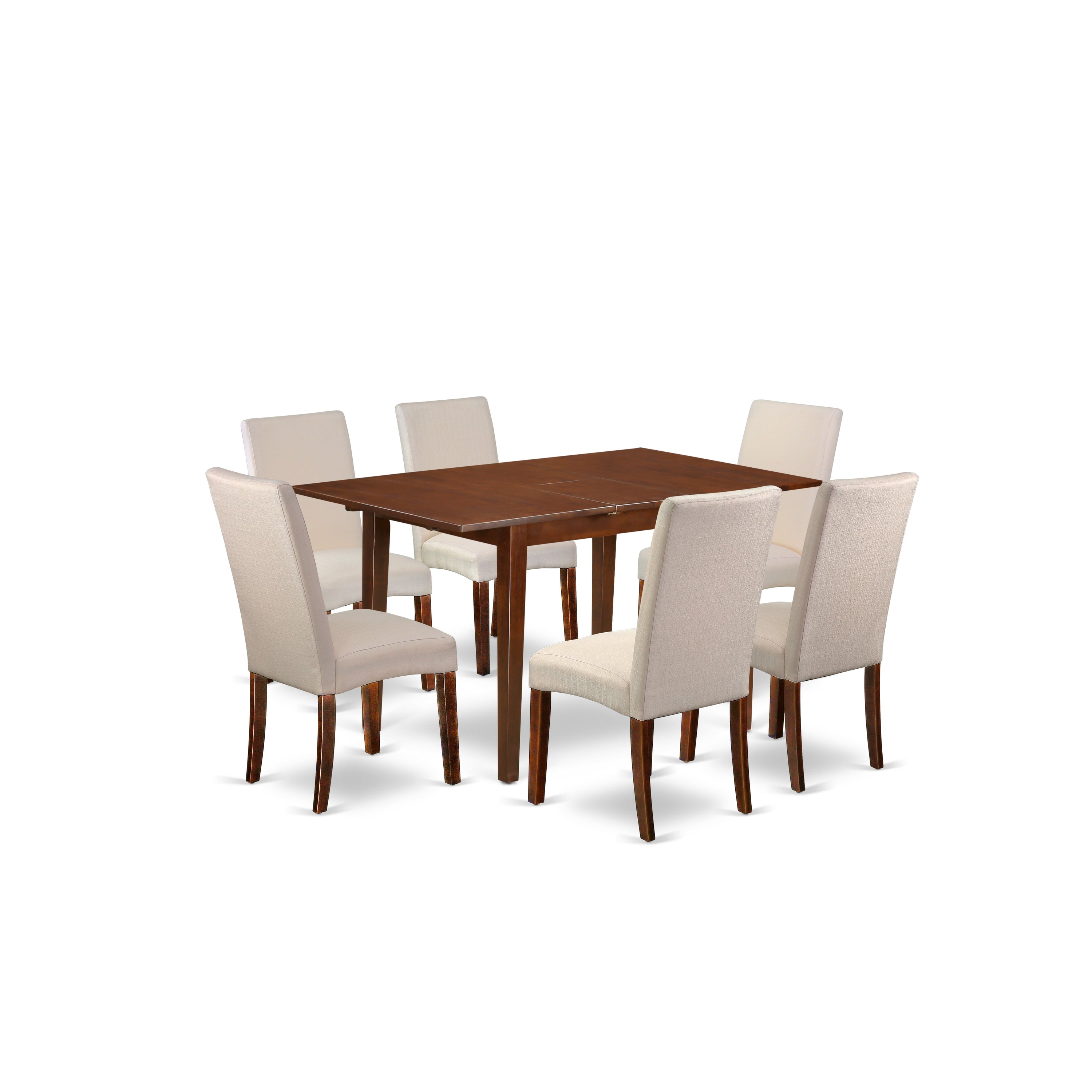 Juego de mesa y sillas de cocina East West Furniture PSDR7-MAH-01 de 7 piezas. Incluye una mesa rectangular de madera con diseño de hojas de mariposa y 6 sillas Parsons de tela de lino color crema.