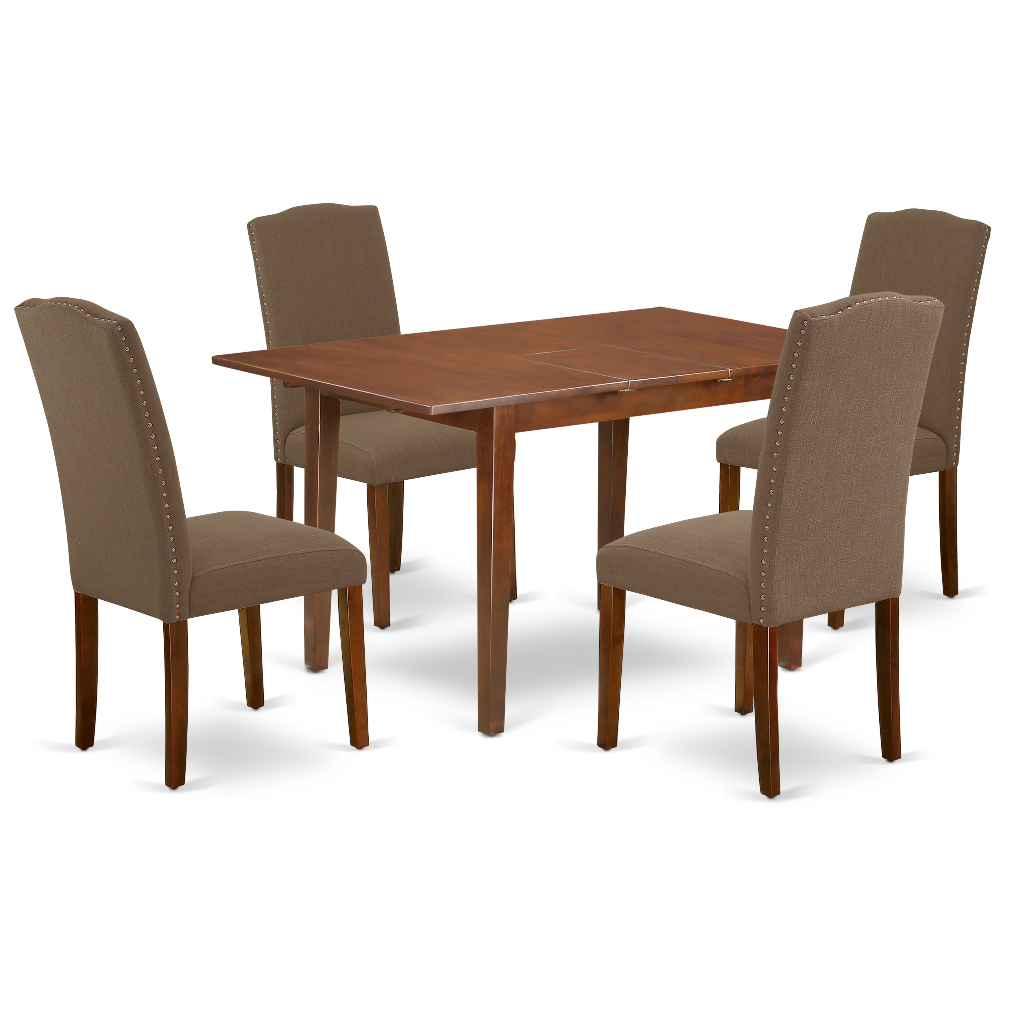 East West Furniture PSEN5-MAH-18 5 Piece Dining Table Set for 4 Includes a Rectangle Kitchen Table with Butterfly Leaf and 4 Dark Coffee Linen Fabric Parsons Chairs