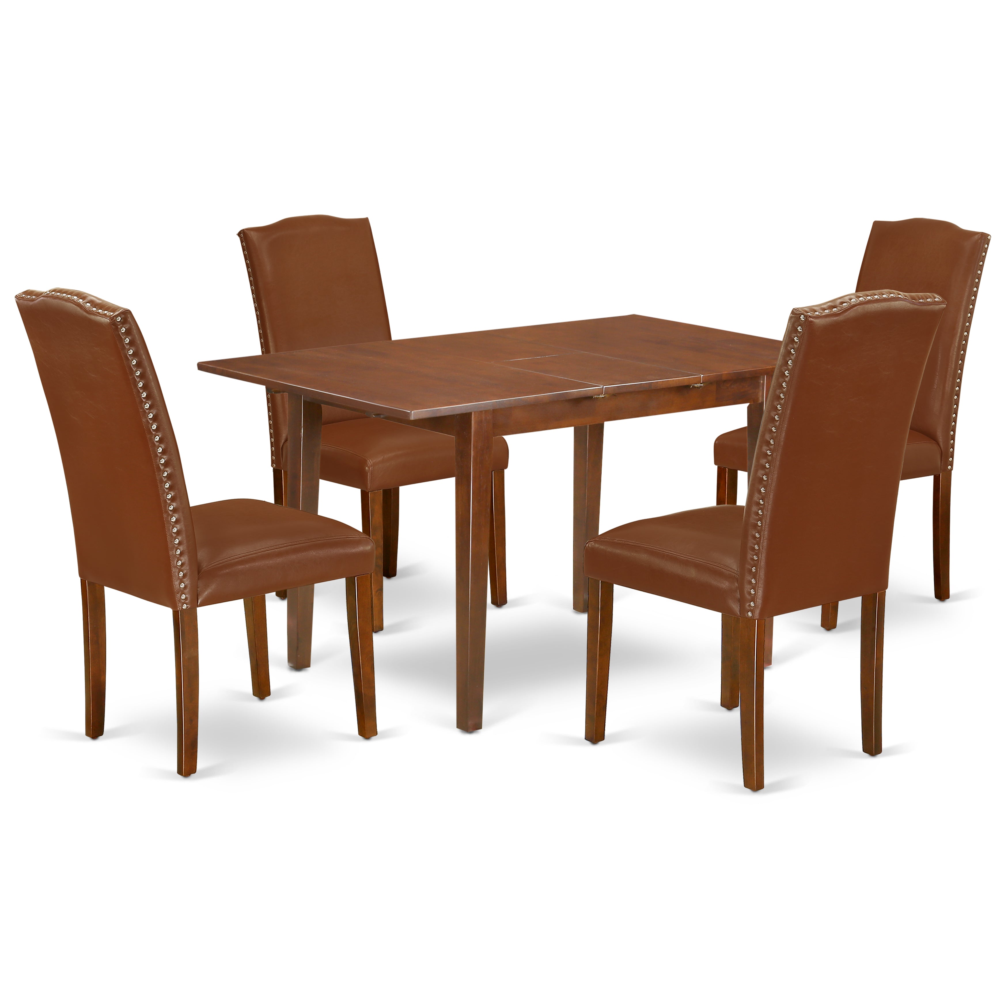 El juego de mesa de comedor de 5 piezas East West Furniture PSEN5-MAH-66 incluye una mesa de cocina rectangular con diseño de hojas de mariposa y 4 sillas Parsons de cuero sintético marrón.