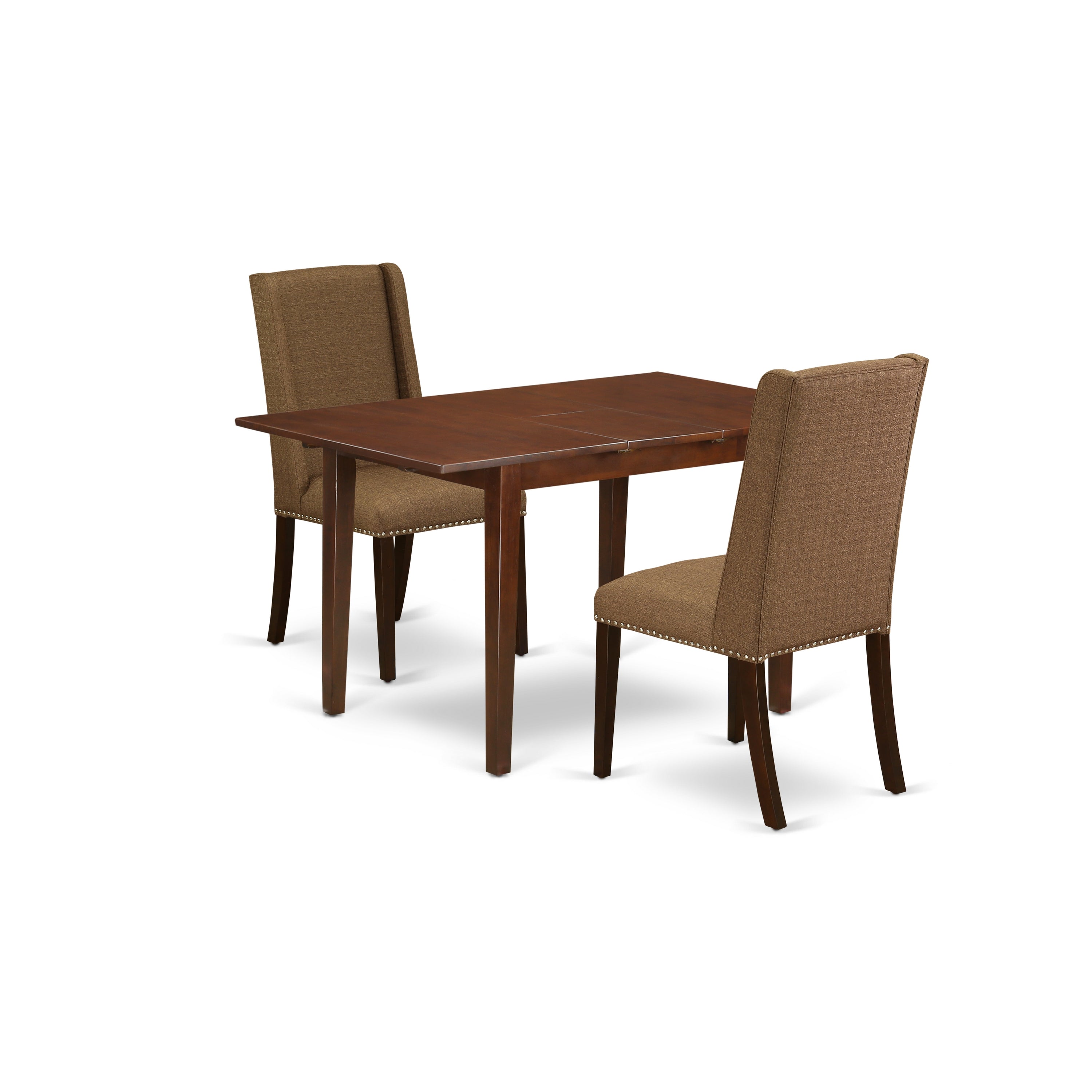 Juego de mesa de comedor moderna de 3 piezas East West Furniture PSFL3-MAH-18. Incluye una mesa rectangular de madera con diseño de hojas de mariposa y dos sillas Parsons de tela de lino marrón.
