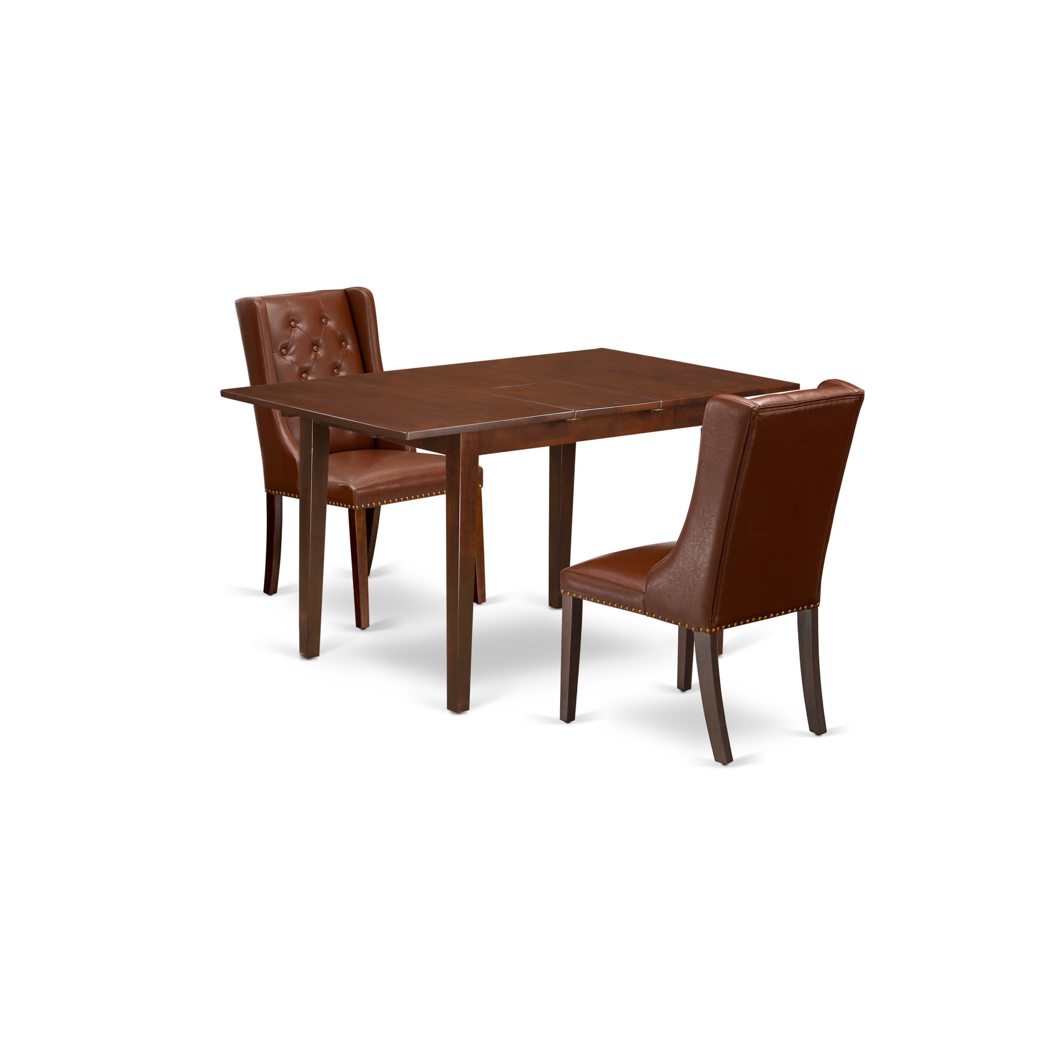 East West Furniture PSFO3-MAH-46 3-Piece Dining Room Table Set Includes 1 Picasso Removable leaf Dining Table and 2 Brown faux Leather Padded Chairs Button Tufted - Mahogany Finish