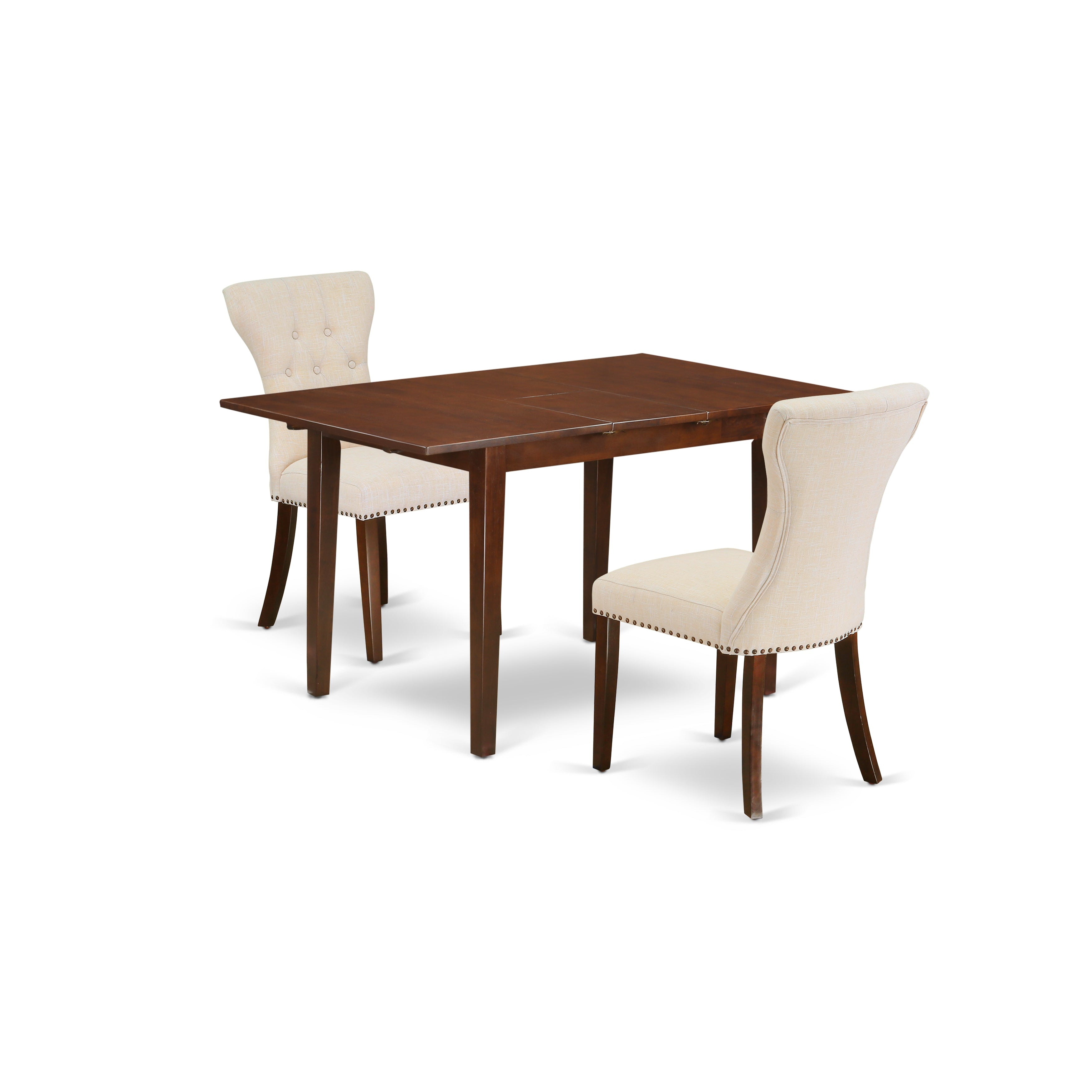 East West Furniture PSGA3-MAH-32 3-Pc Dining Table Set Included a Rectangular Butterfly Leaf Dining Table & 2 Parson Dining Chairs, Light Beige Linen Fabric Parson Chairs Seat with Rubber Wood Legs, Mahogany Finish