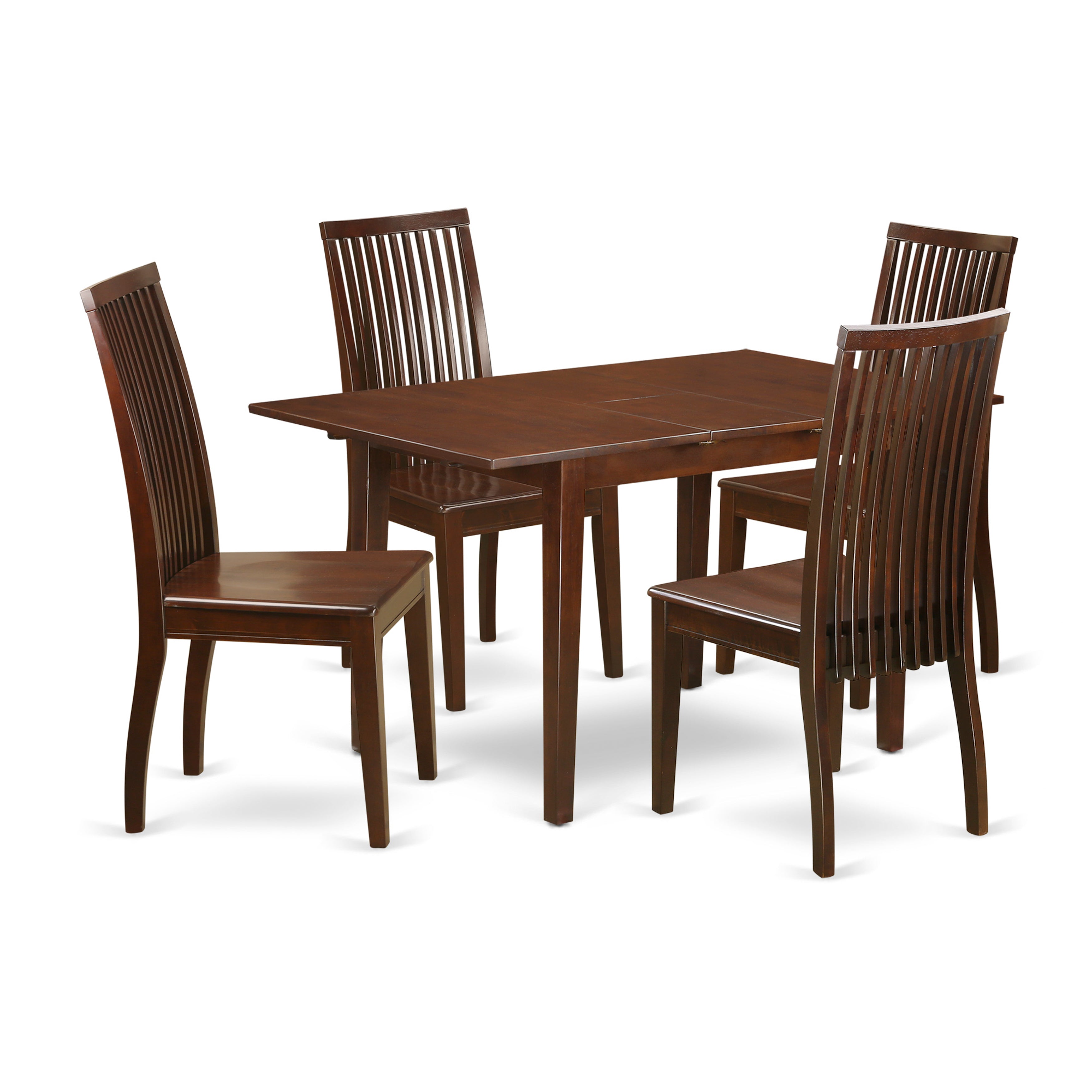 PSIP5-MAH-W 5-Piece Rectangular Dining Table having 12" Leaf and 4 Wood Seat Kitchen chairs in Mahogany finish.