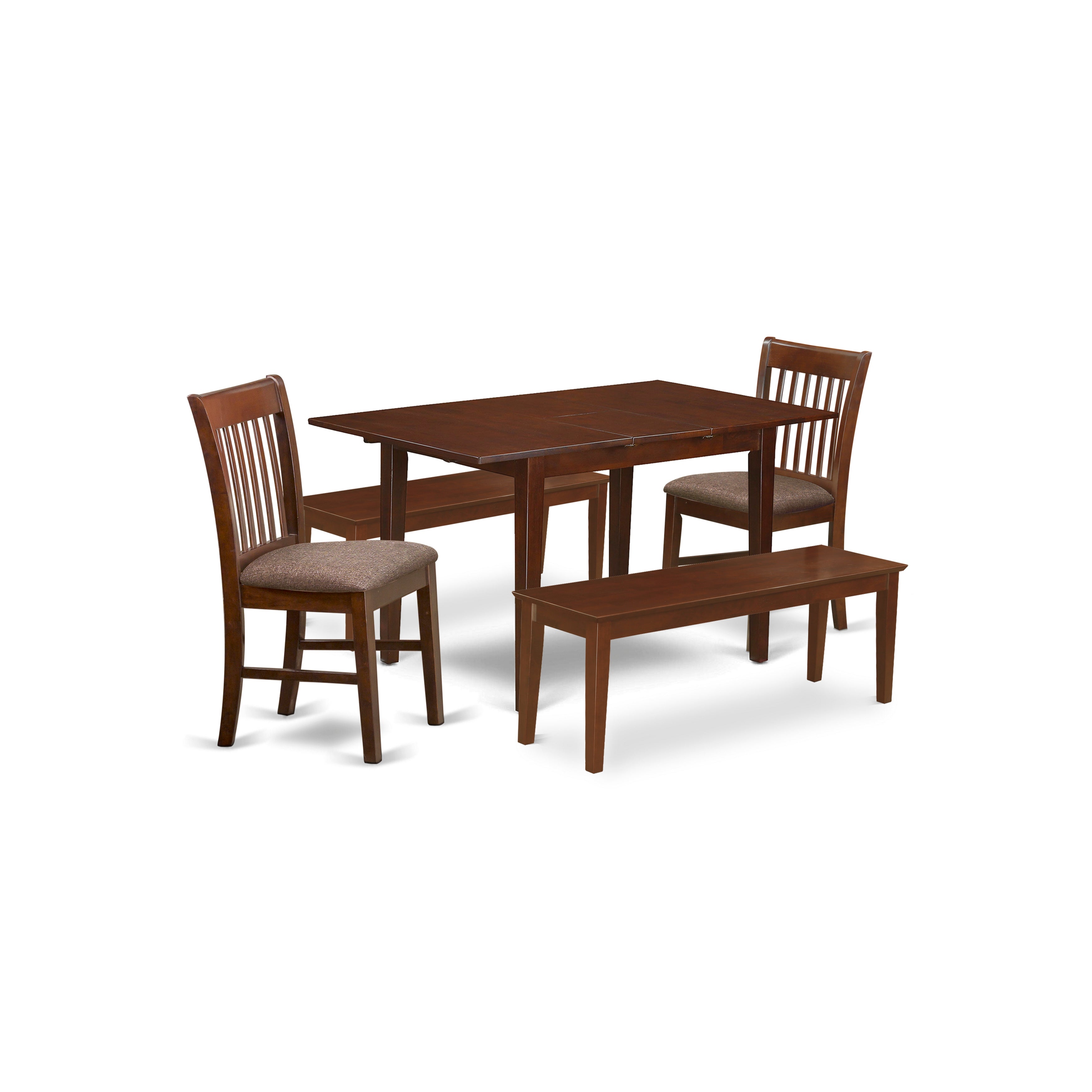 El juego de comedor de 5 piezas East West Furniture PSNO5C-MAH-C incluye una mesa de comedor rectangular con diseño de hojas de mariposa y 2 sillas de comedor de tela de lino con 2 bancos.