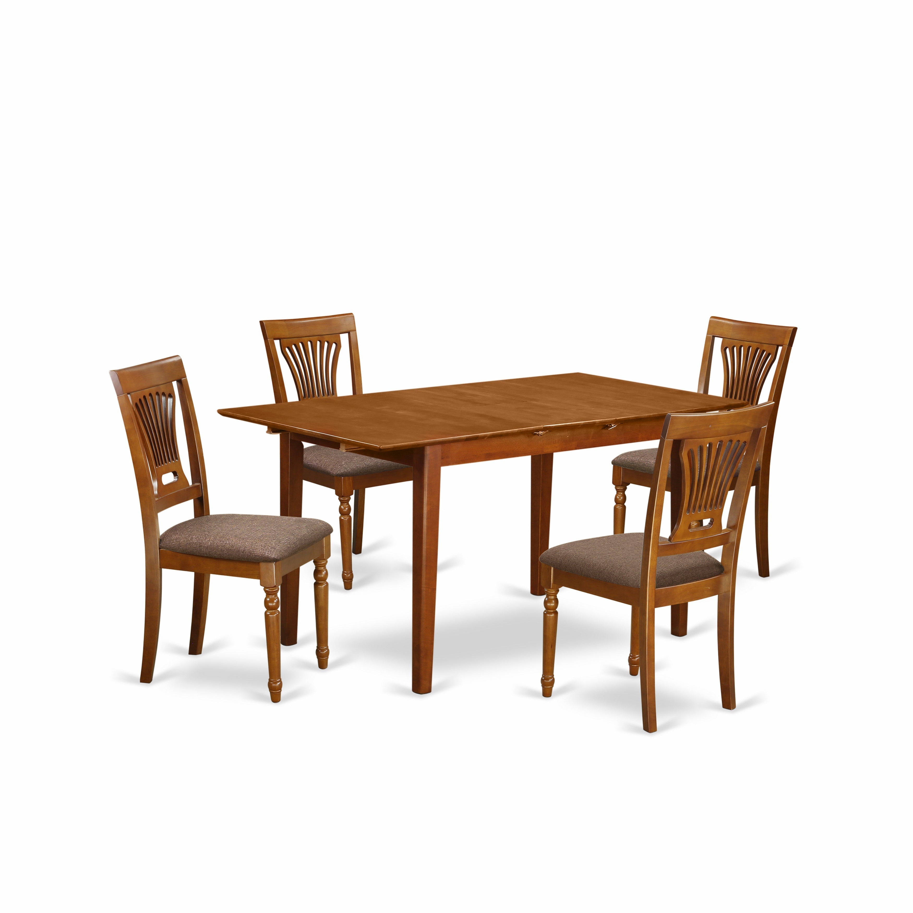 Juego de mesa y sillas de cocina East West Furniture PSPL5-SBR-C de 5 piezas. Incluye una mesa de comedor rectangular con diseño de hojas de mariposa y 4 sillas tapizadas en tela de lino.
