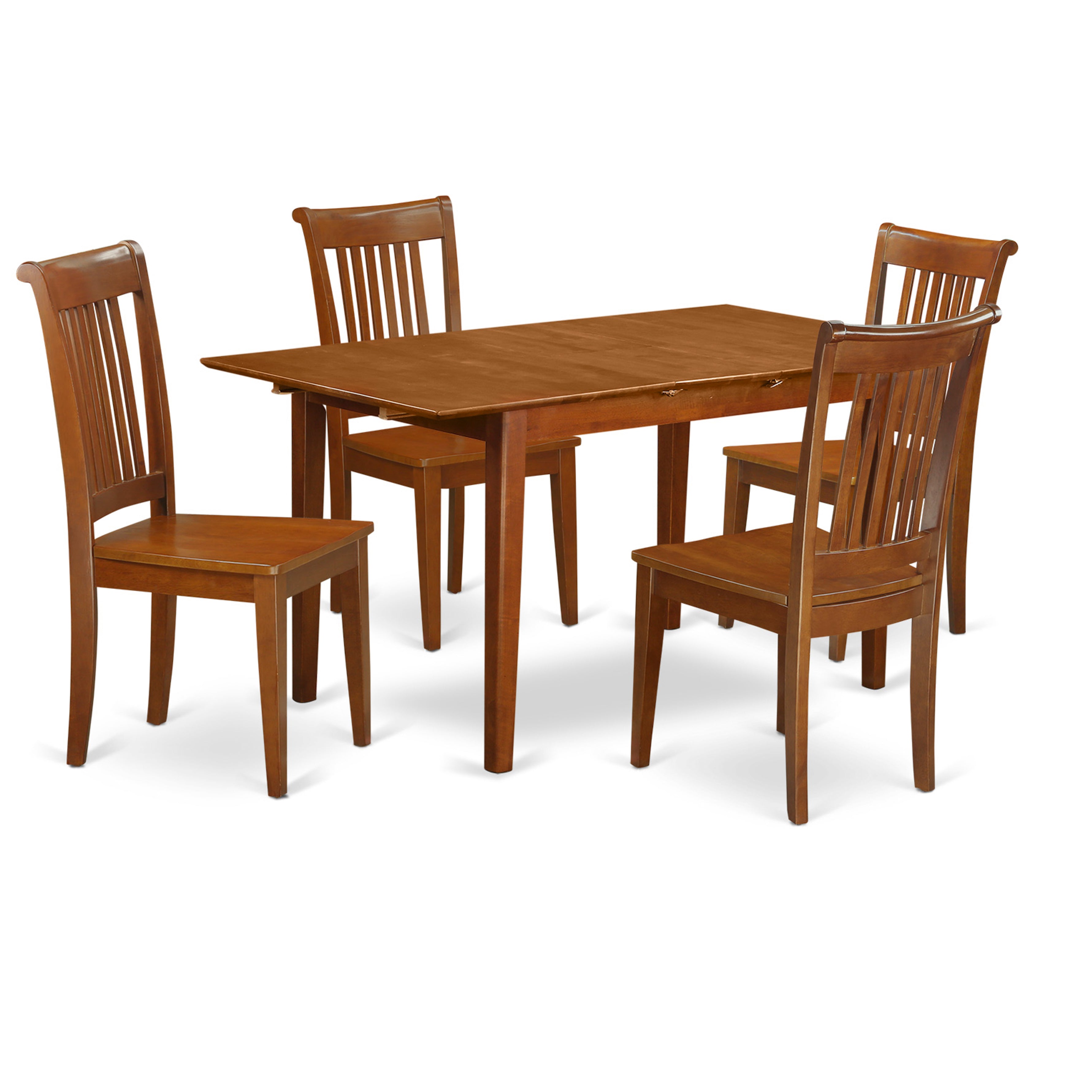El juego de comedor East West Furniture PSPO5-SBR-W de 5 piezas incluye una mesa de comedor rectangular con hojas de mariposa y 4 sillas con asiento de madera.