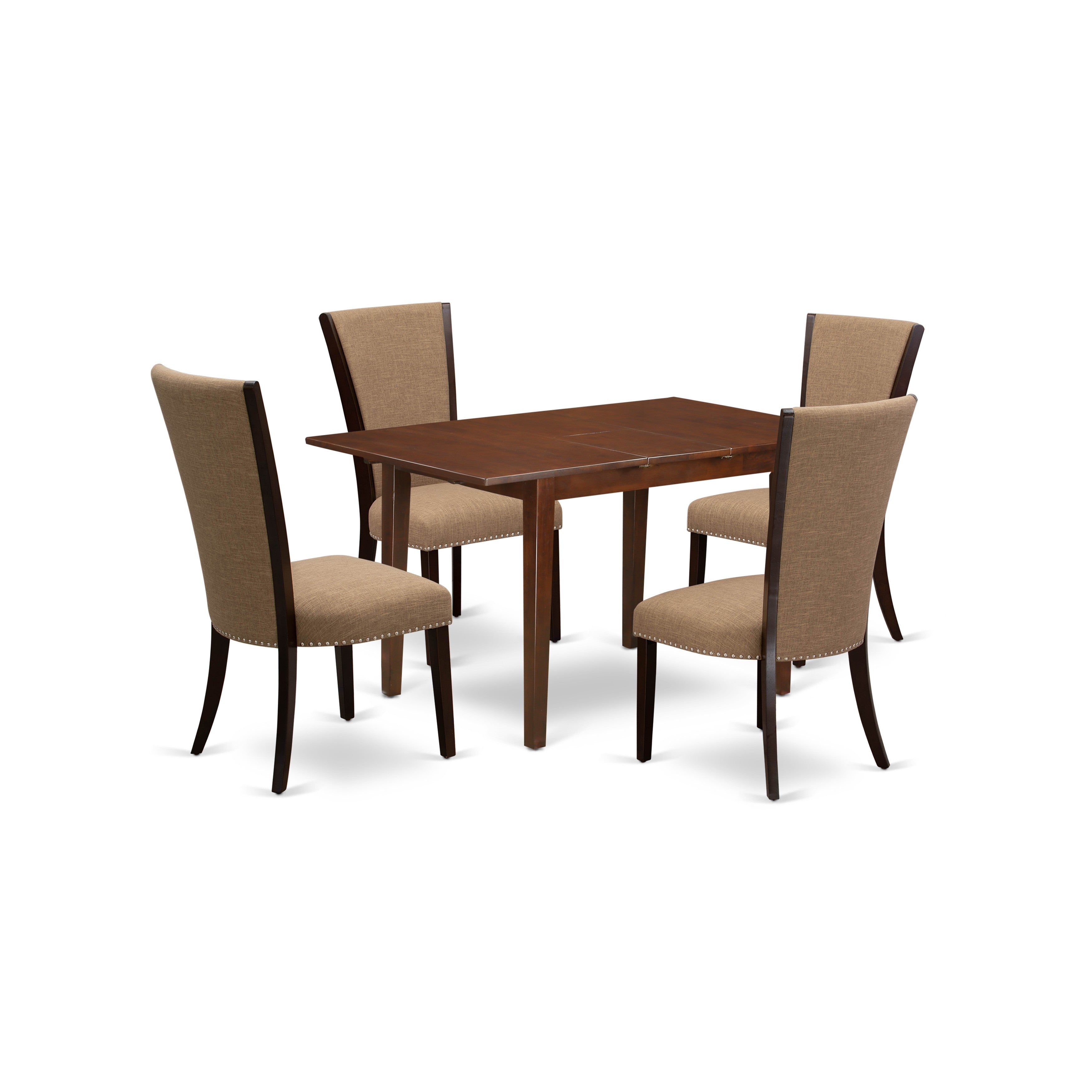 El juego de comedor de 5 piezas East West Furniture PSVE5-MAH-47 incluye una mesa de comedor rectangular con hojas de mariposa y 4 sillas tapizadas en tela de lino color sable claro.