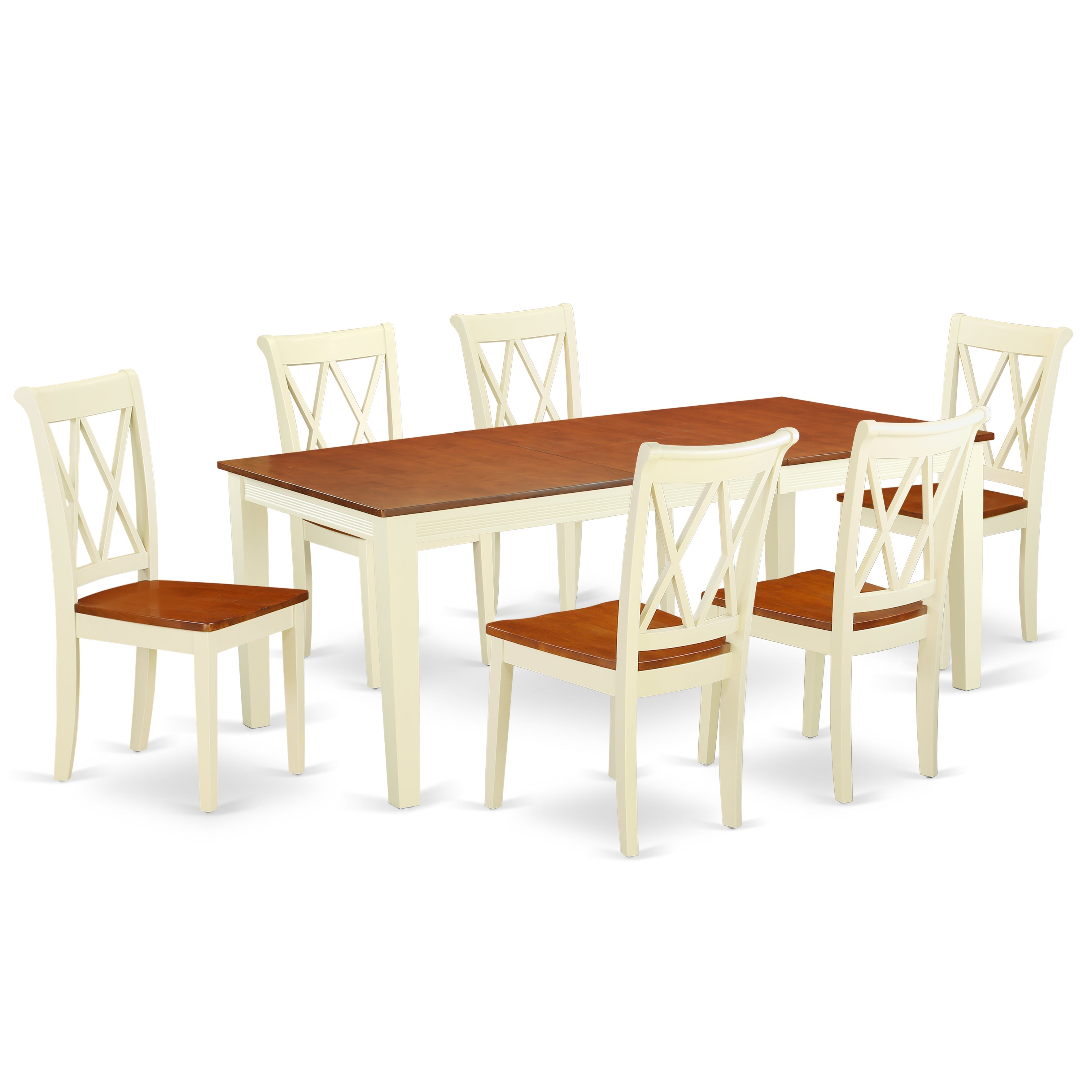 Juego de mesa de comedor de 7 piezas East West Furniture QUCL7-BMK-W compuesto por una mesa rectangular de madera con diseño de hojas de mariposa y 6 sillas de comedor de cocina.